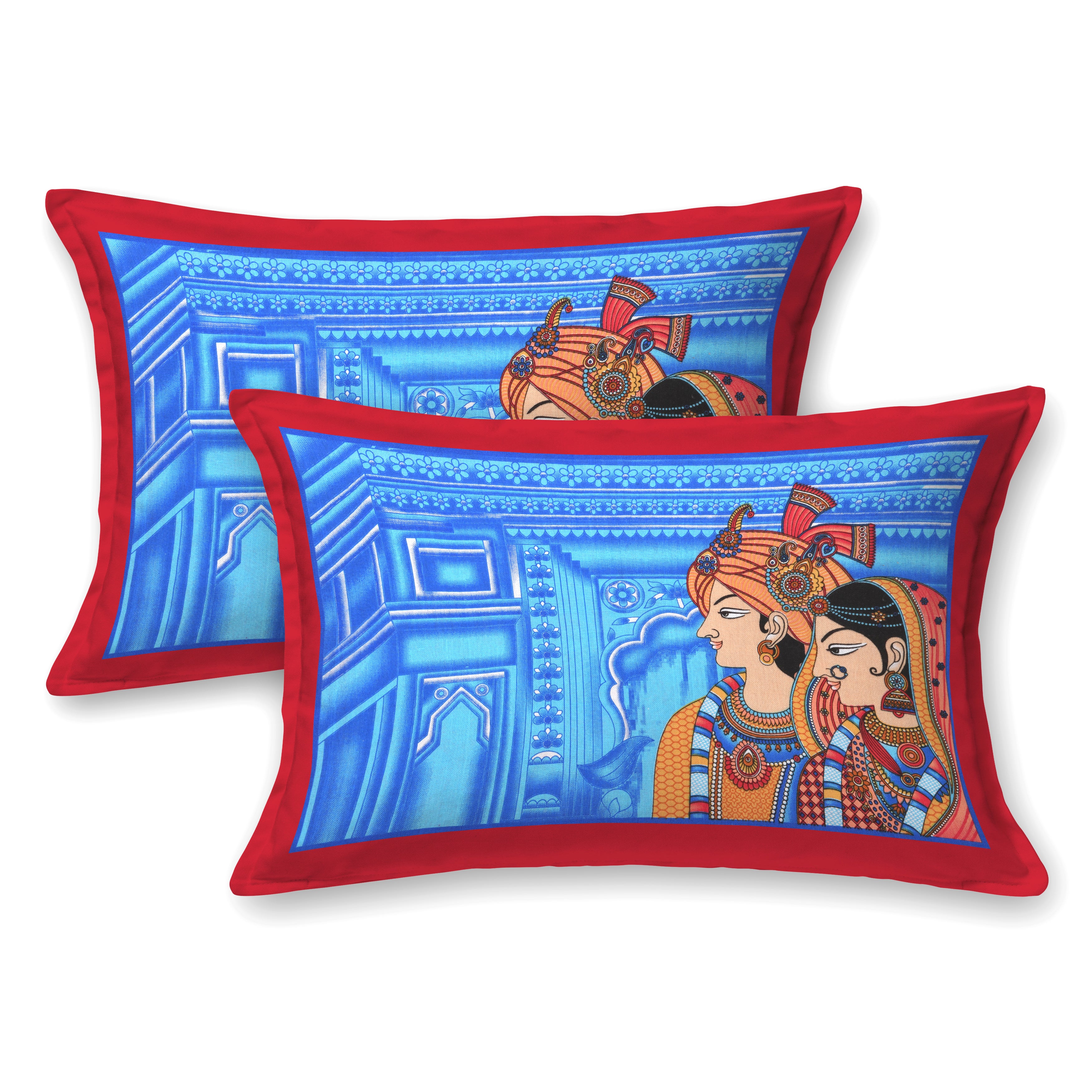 Raja Rani Print Cotton Bedsheet – Royal Crimson Blue Edition (Double Bed Size)