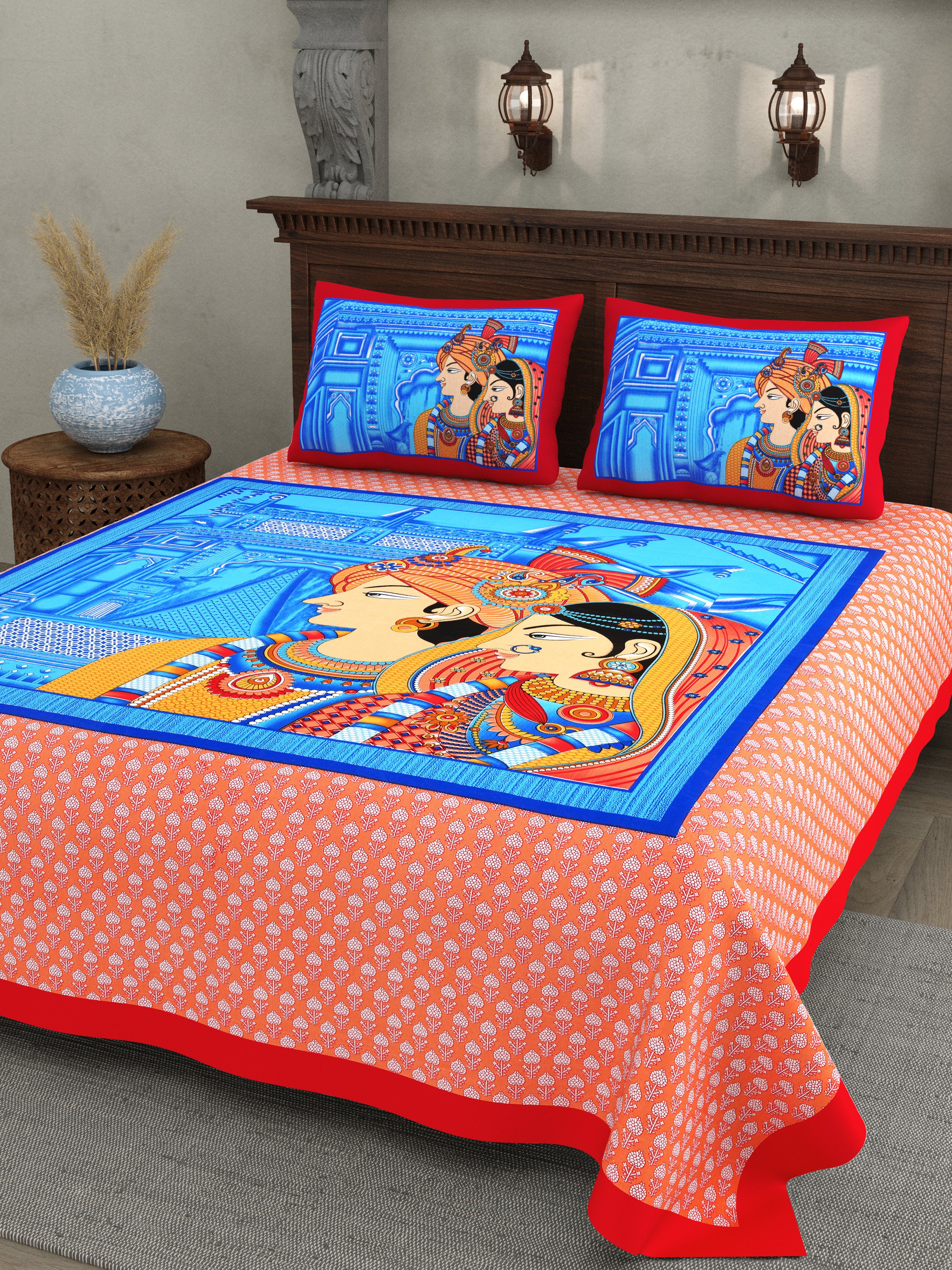 Raja Rani Print Cotton Bedsheet – Royal Crimson Blue Edition (Double Bed Size)