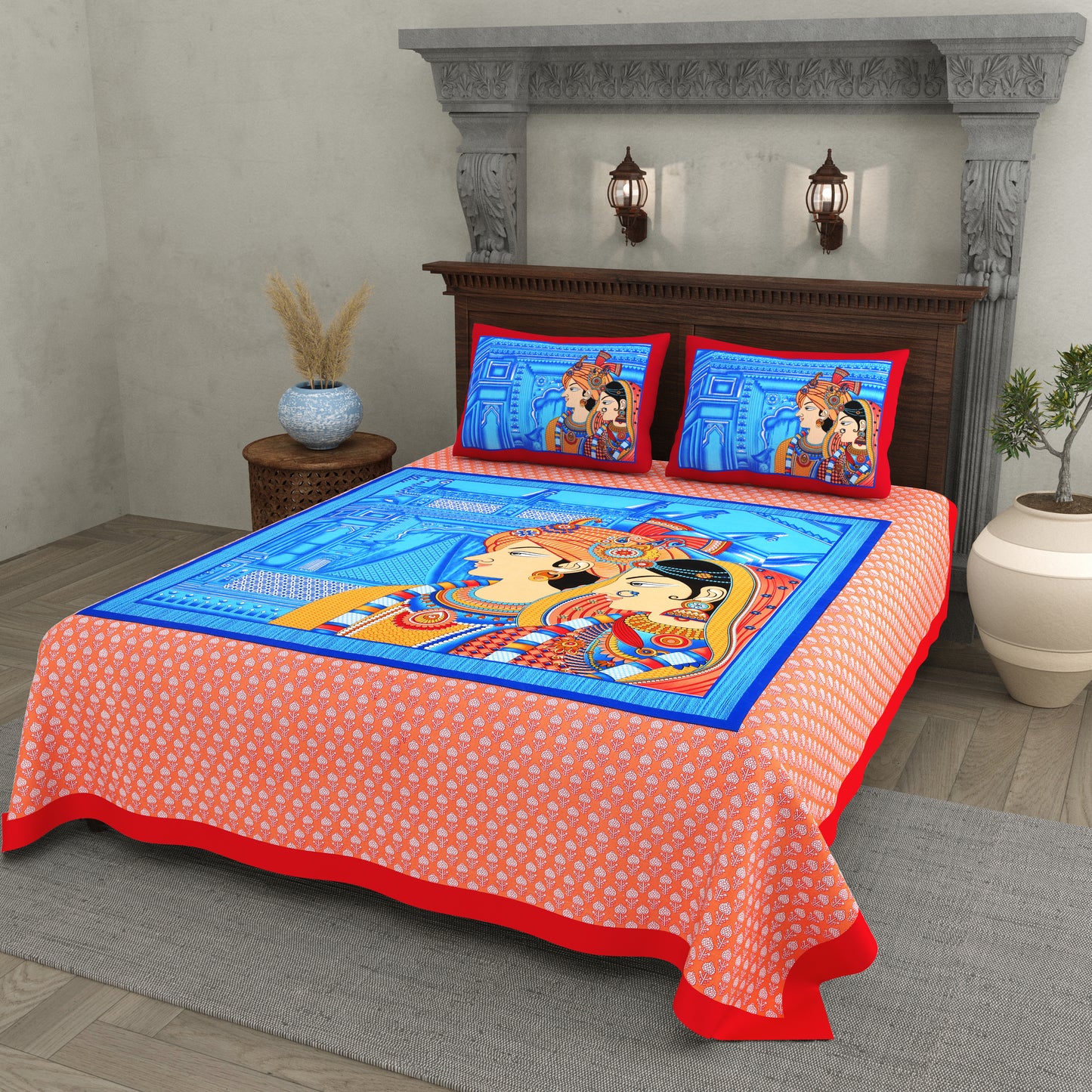 Raja Rani Print Cotton Bedsheet – Royal Crimson Blue Edition (Double Bed Size)