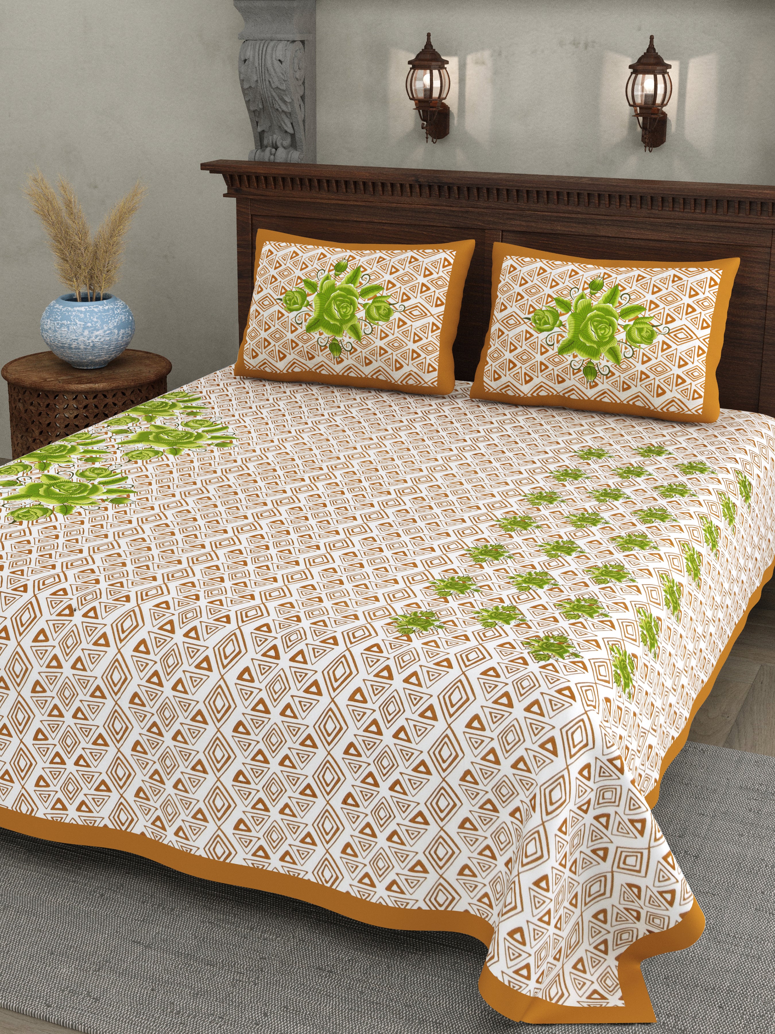 Elegant Green Floral & Geometric Print Cotton Bedsheet Set