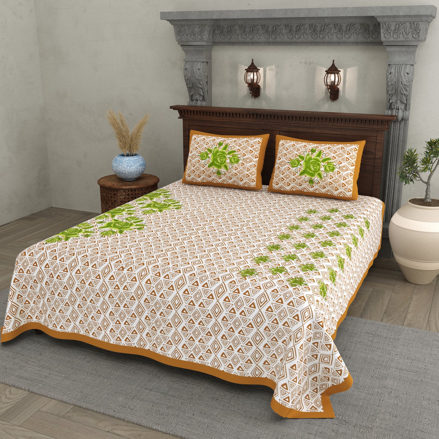 Elegant Green Floral & Geometric Print Cotton Bedsheet Set