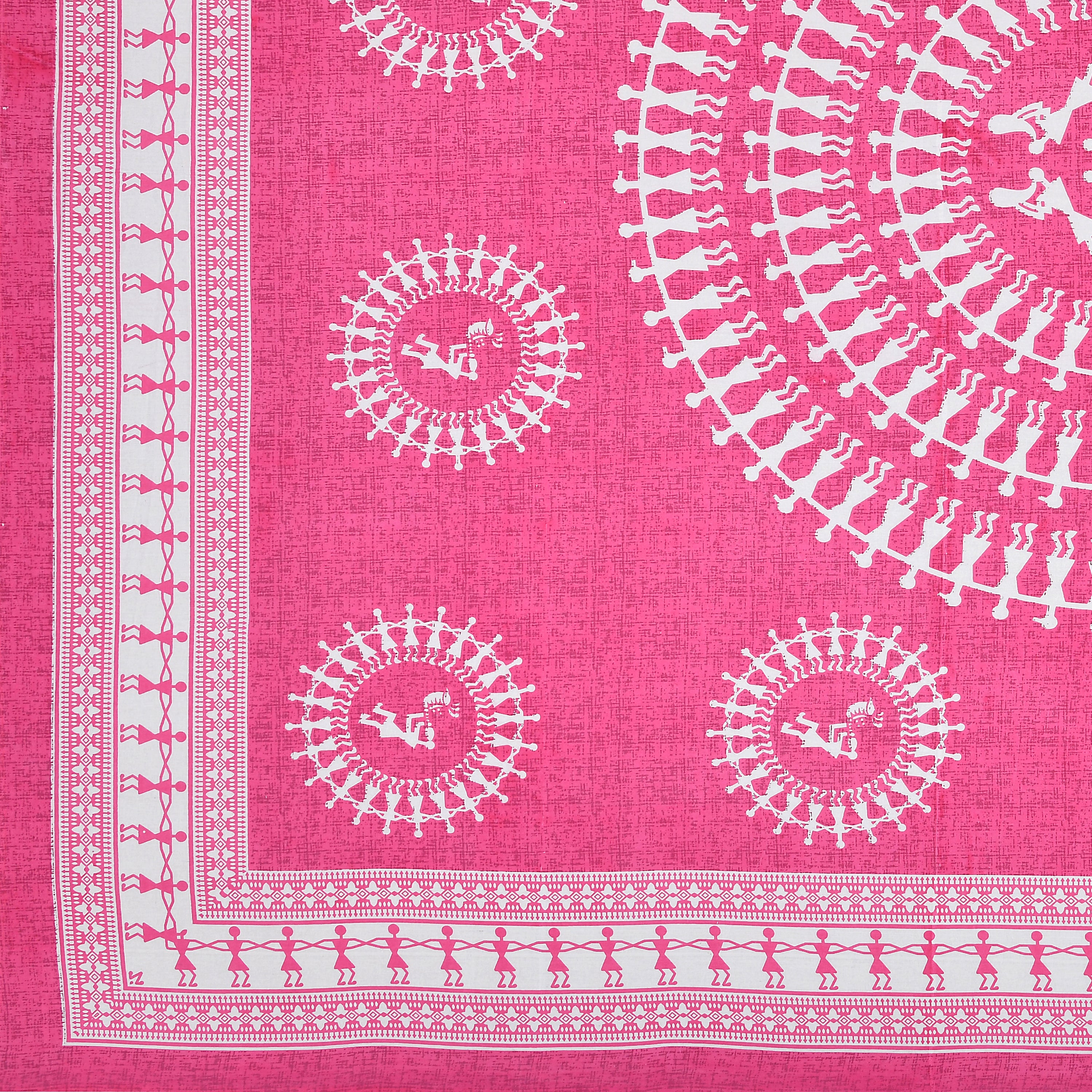 Pink Warli Cotton Bedsheet – Tribal Dance Folk Art