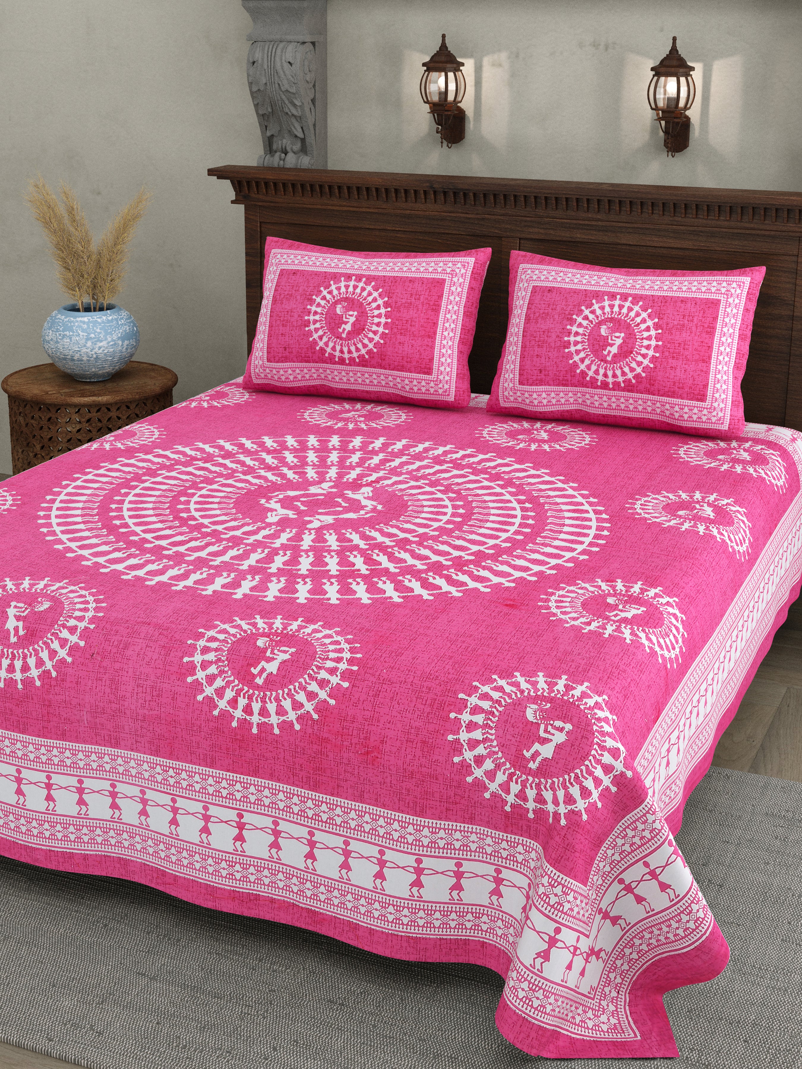 Pink Warli Cotton Bedsheet – Tribal Dance Folk Art