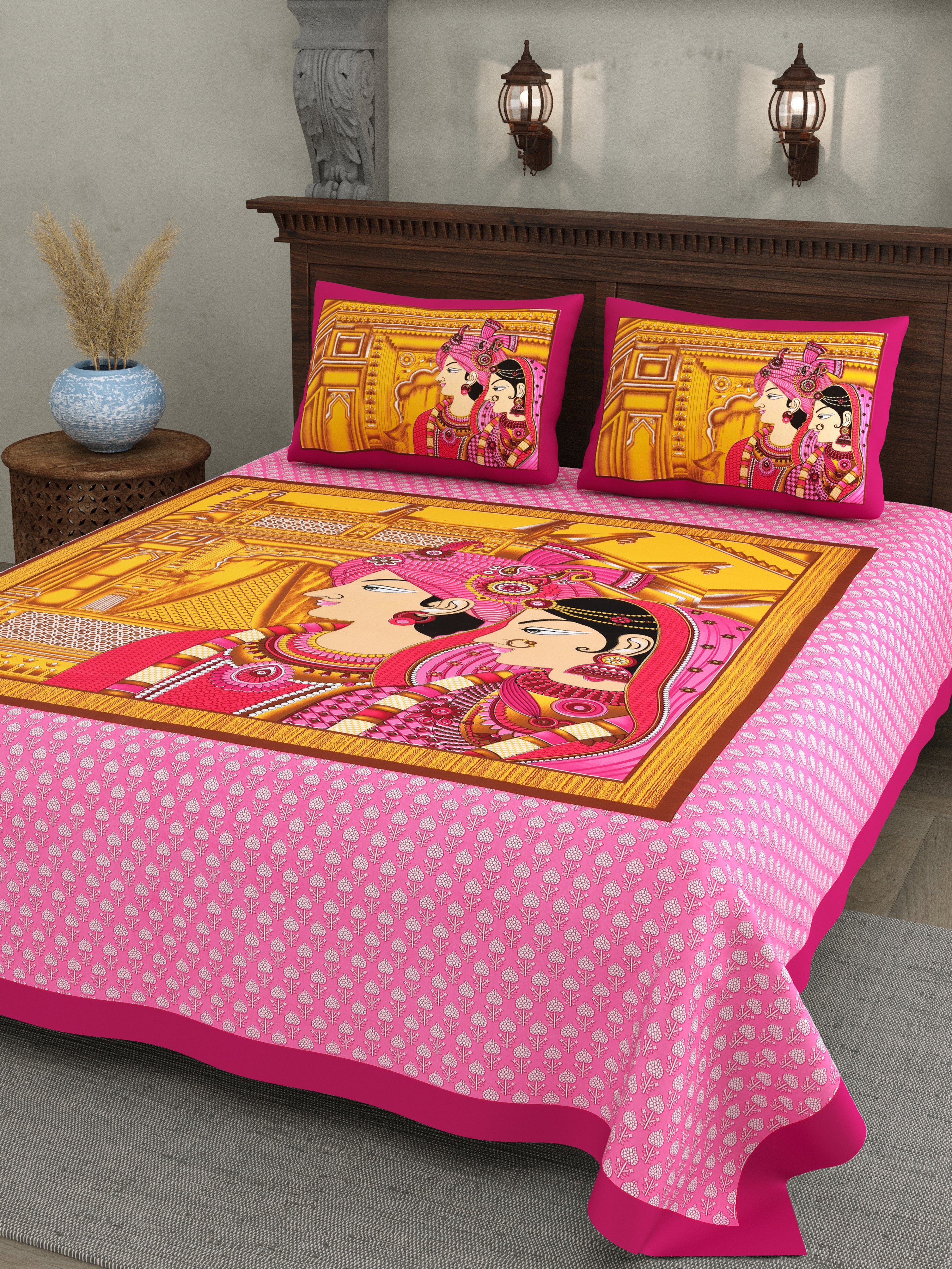 Royal Raja Rani Print – Pink Cotton Bedsheet Set