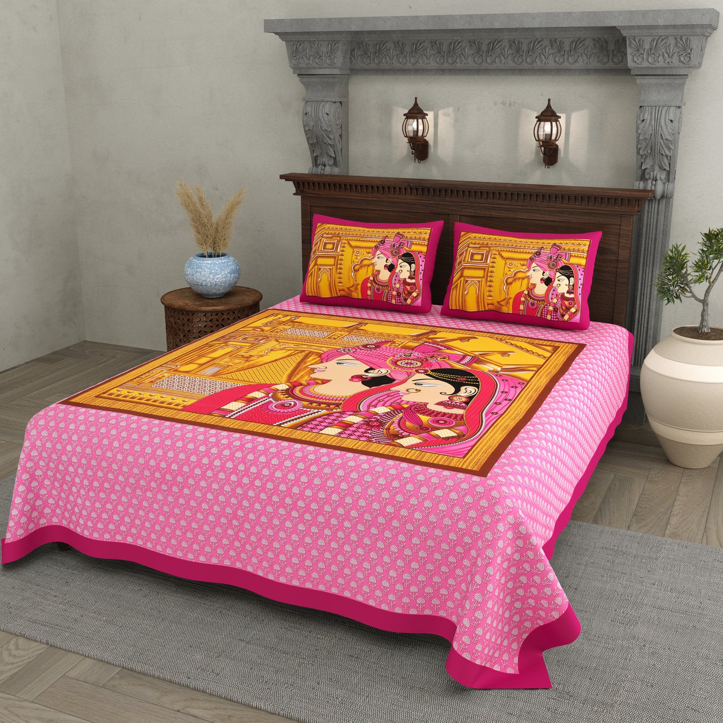 Royal Raja Rani Print – Pink Cotton Bedsheet Set