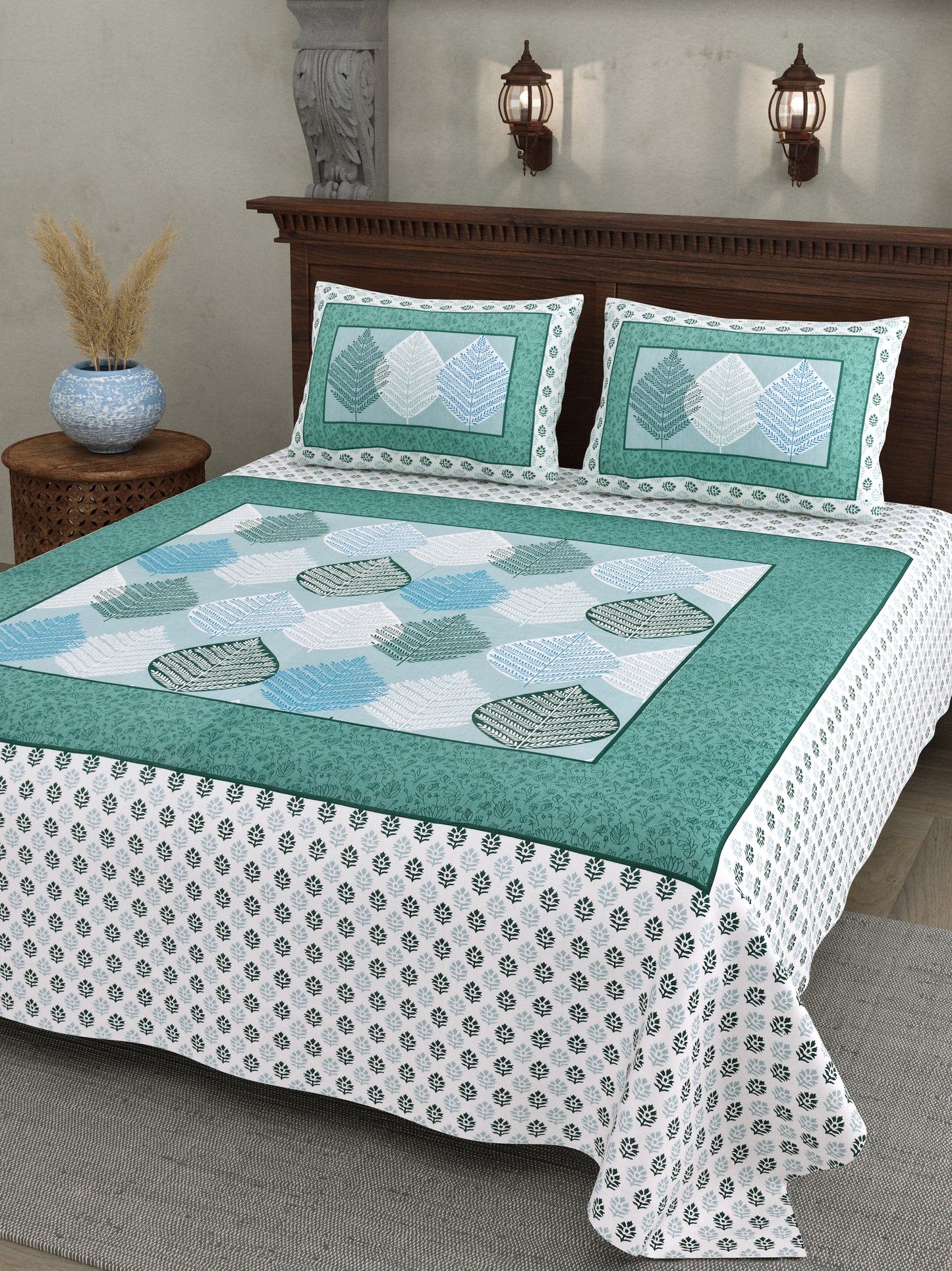Teal Leaf Design Cotton Bedsheet Set