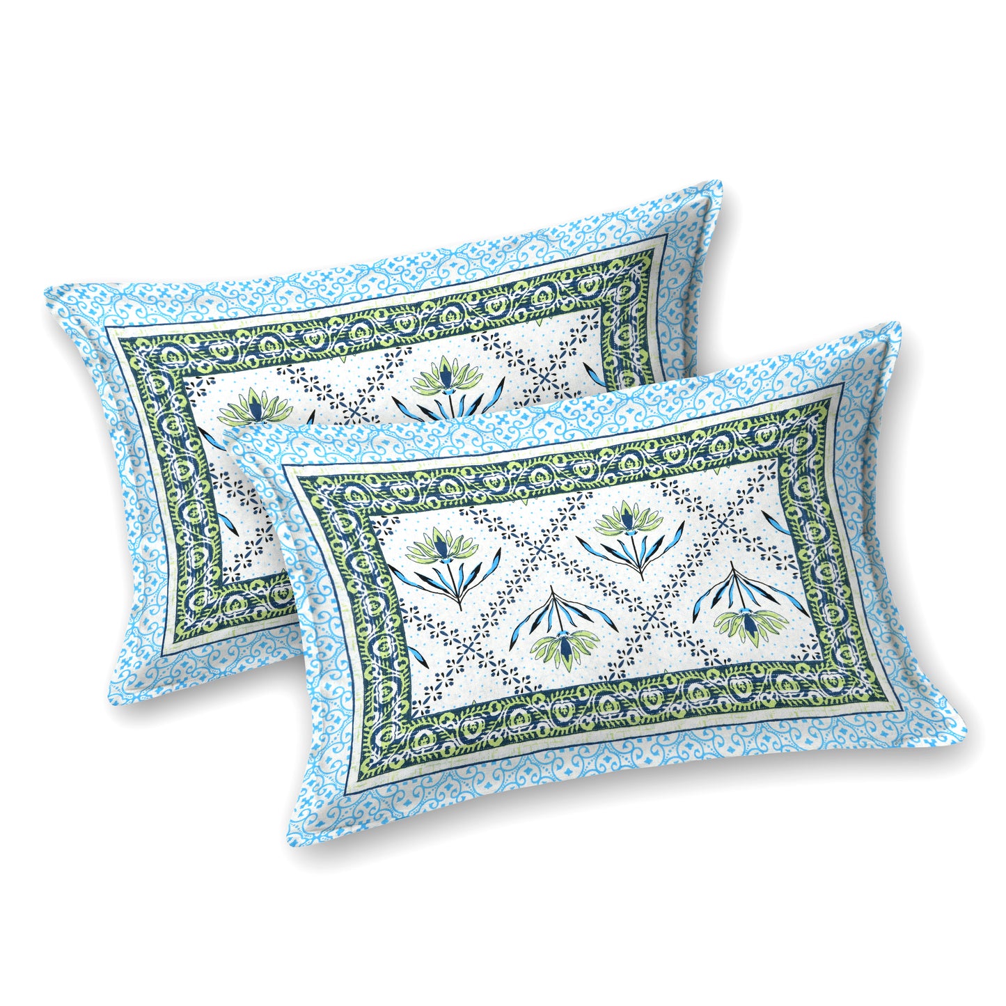 Blue & Green Floral Vines Cotton Bedsheet Set – Elegant Ethnic Look