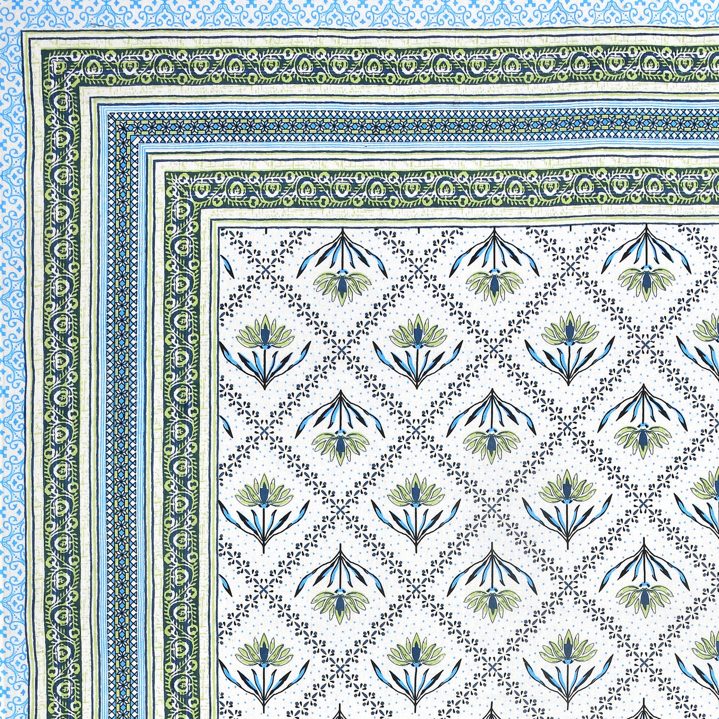 Blue & Green Floral Vines Cotton Bedsheet Set – Elegant Ethnic Look