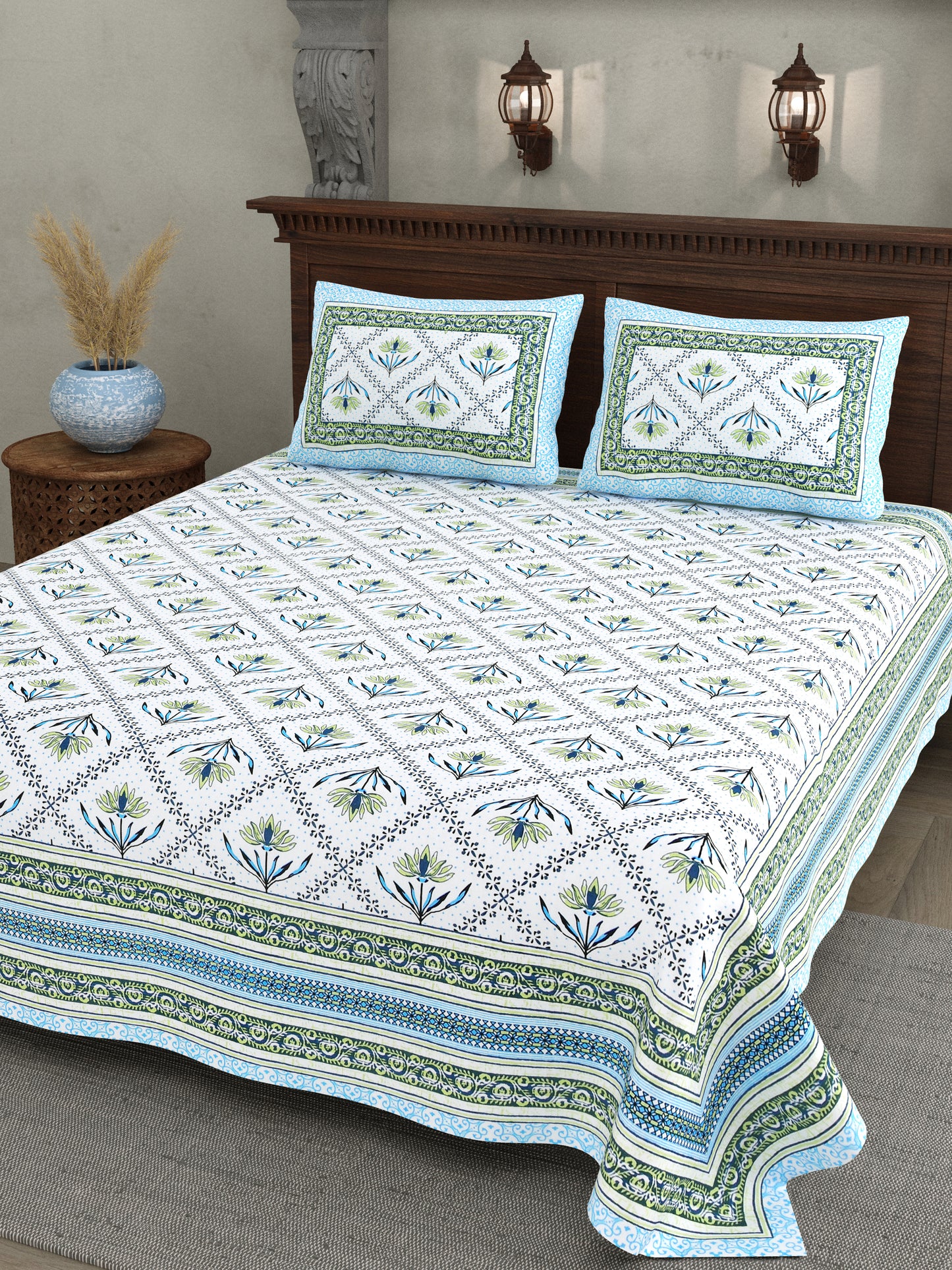 Blue & Green Floral Vines Cotton Bedsheet Set – Elegant Ethnic Look