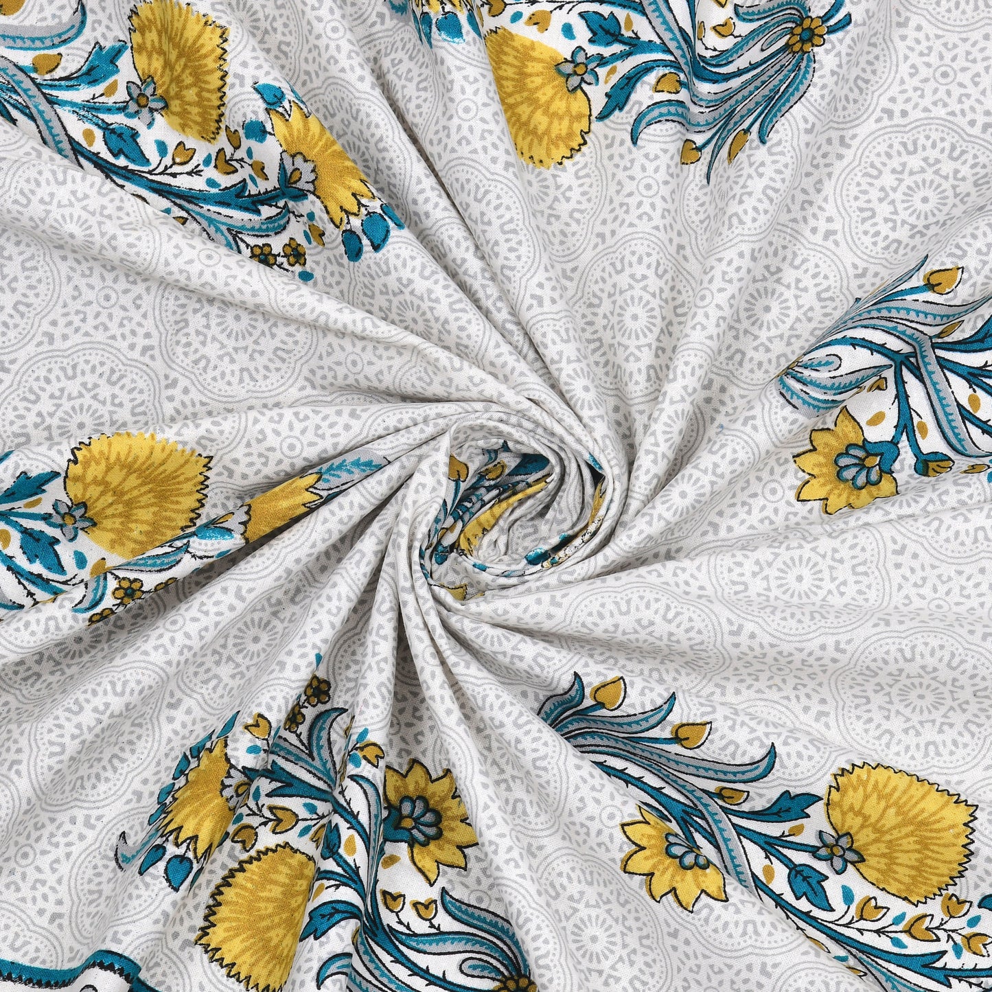 Yellow and Blue Floral Cotton Single Bedsheet