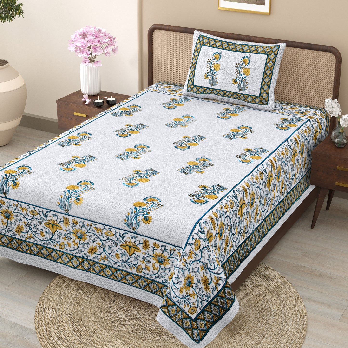 Yellow and Blue Floral Cotton Single Bedsheet
