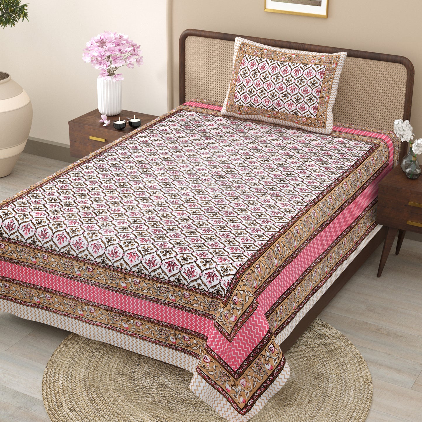 Pink & Gold Ethnic Motif Single Bedsheet