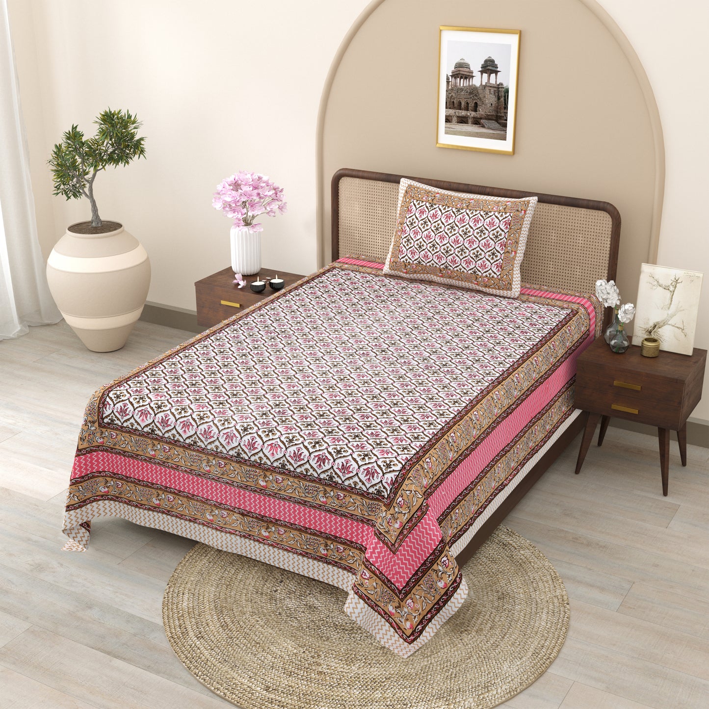 Pink & Gold Ethnic Motif Single Bedsheet