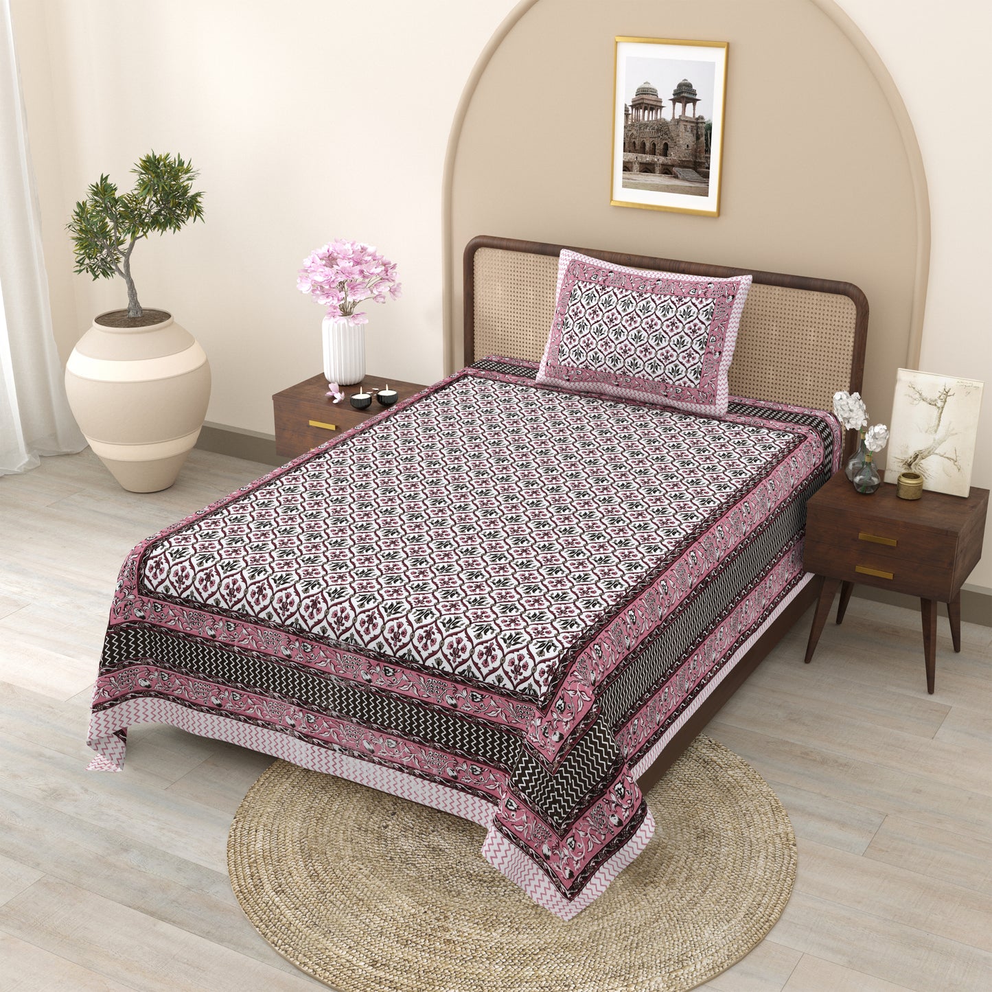 Pink & Black Ethnic Motif Single Bedsheet