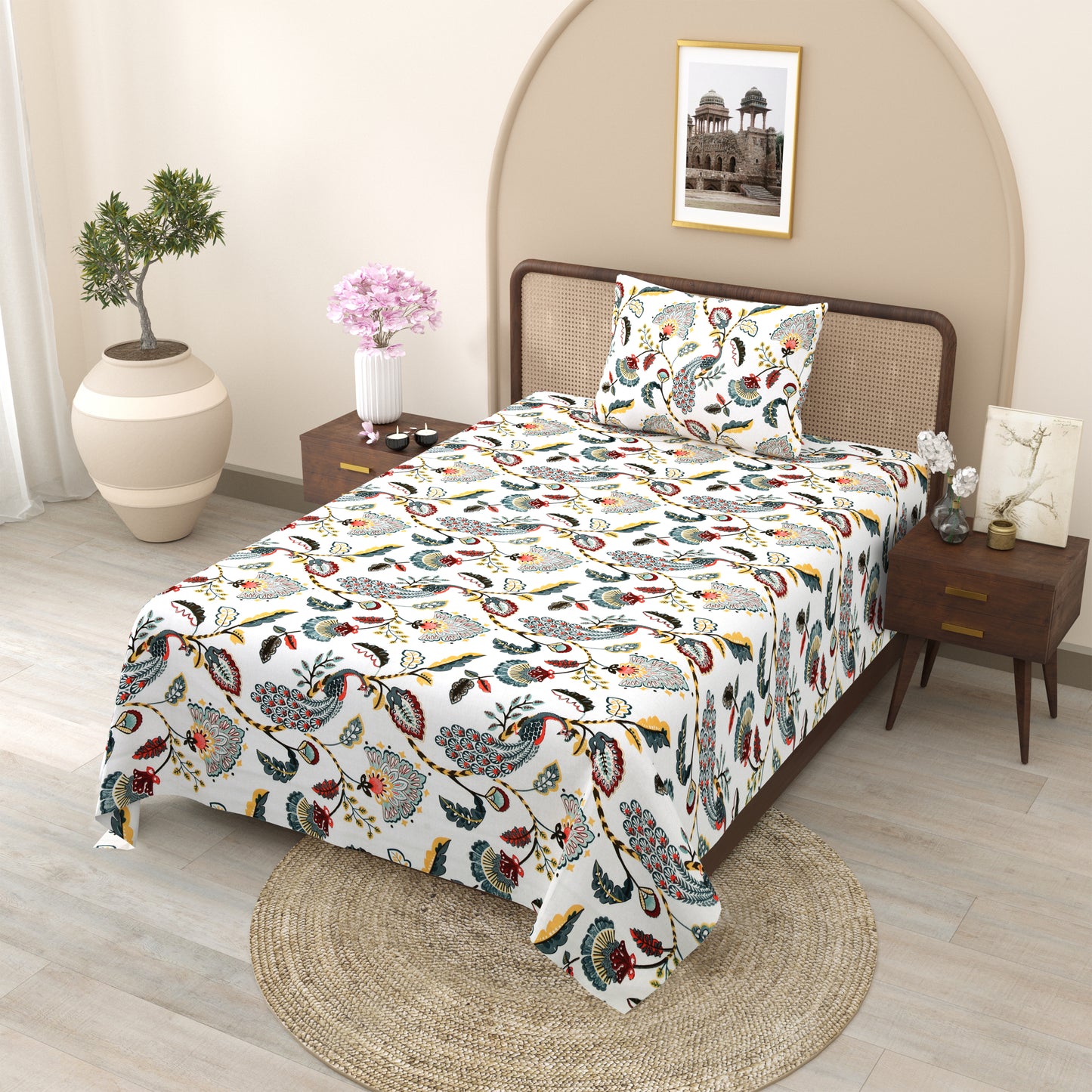Teal Peacock & Floral Single Bedsheet