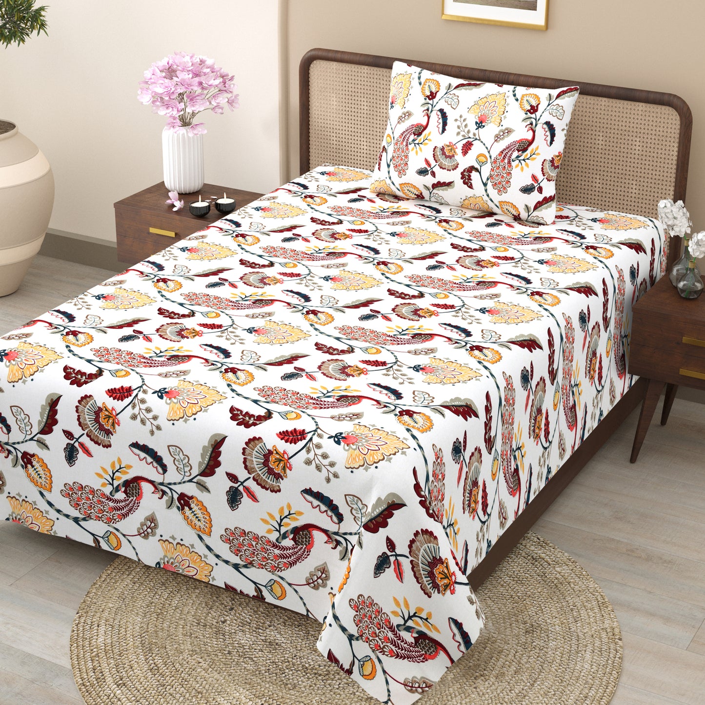 Royal Peacock & Floral Single Bedsheet