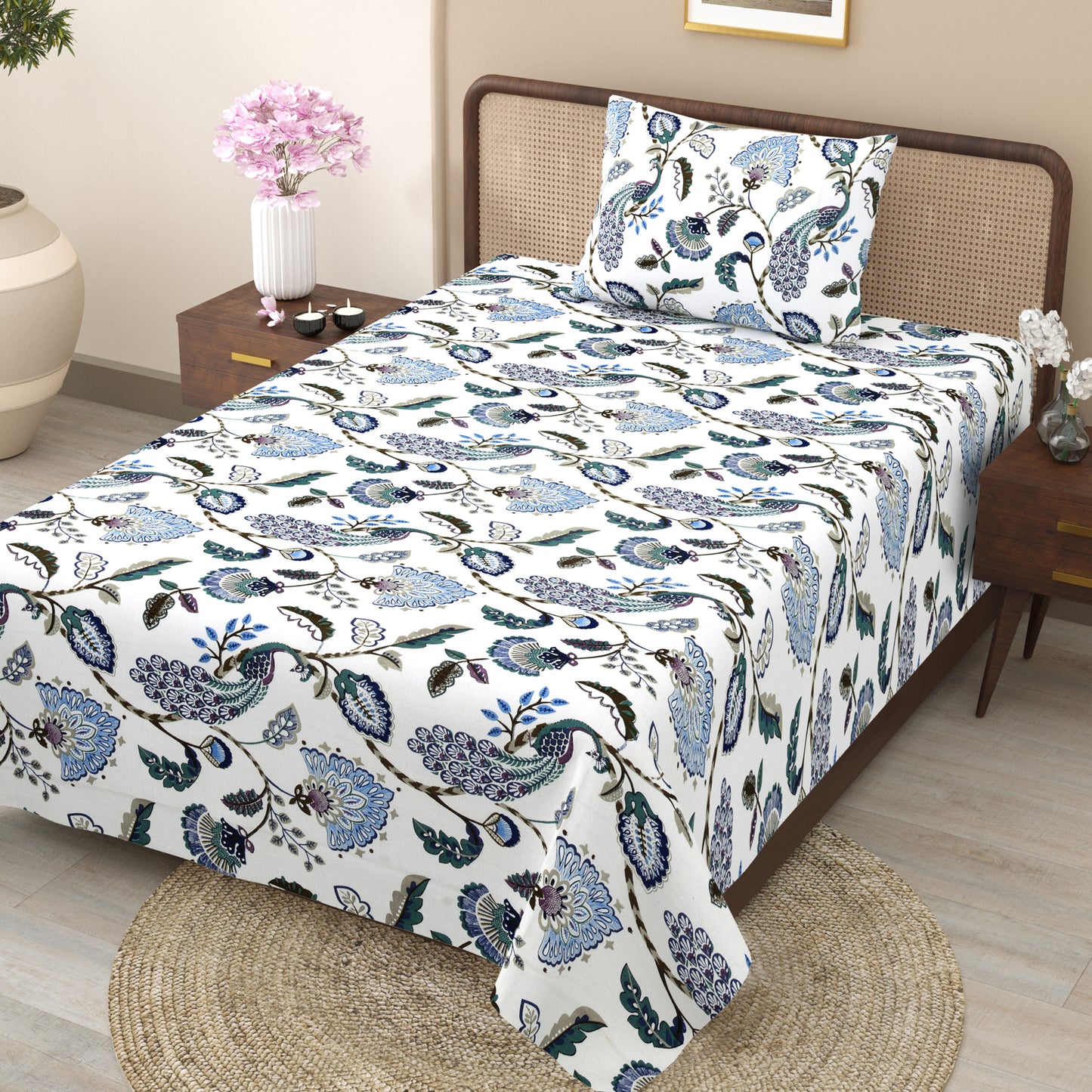 Blue Peacock & Floral Single Bedsheet