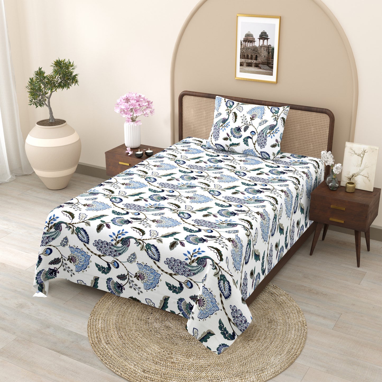 Blue Peacock & Floral Single Bedsheet