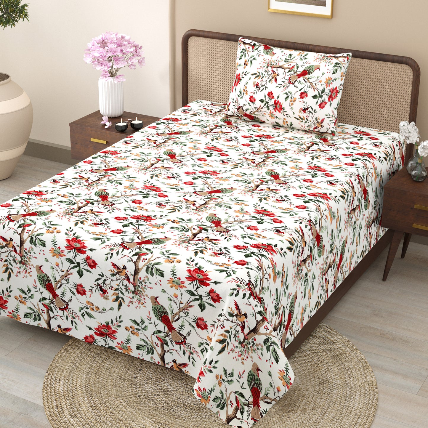 Red Blossom Bird & Floral Single Bedsheet