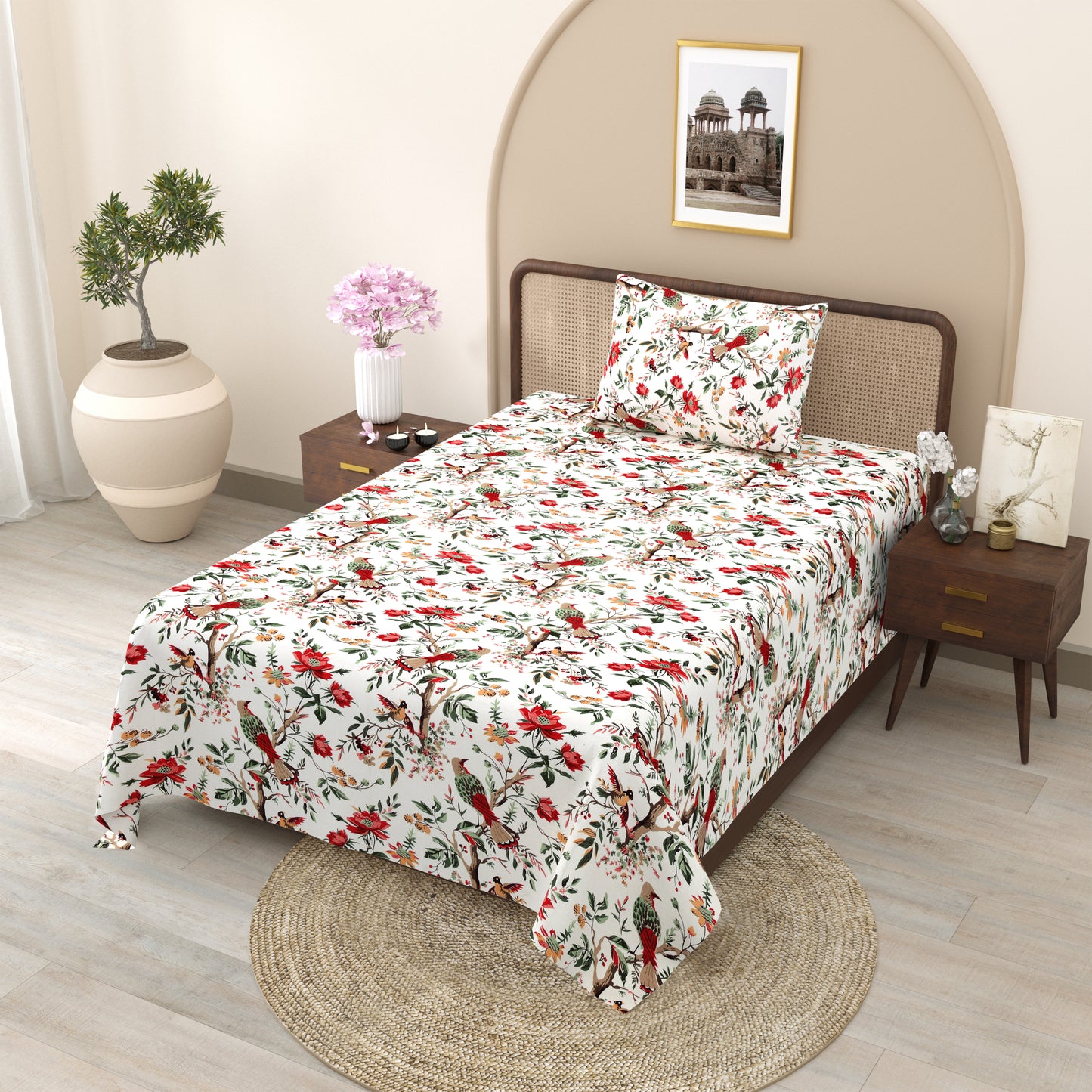 Red Blossom Bird & Floral Single Bedsheet