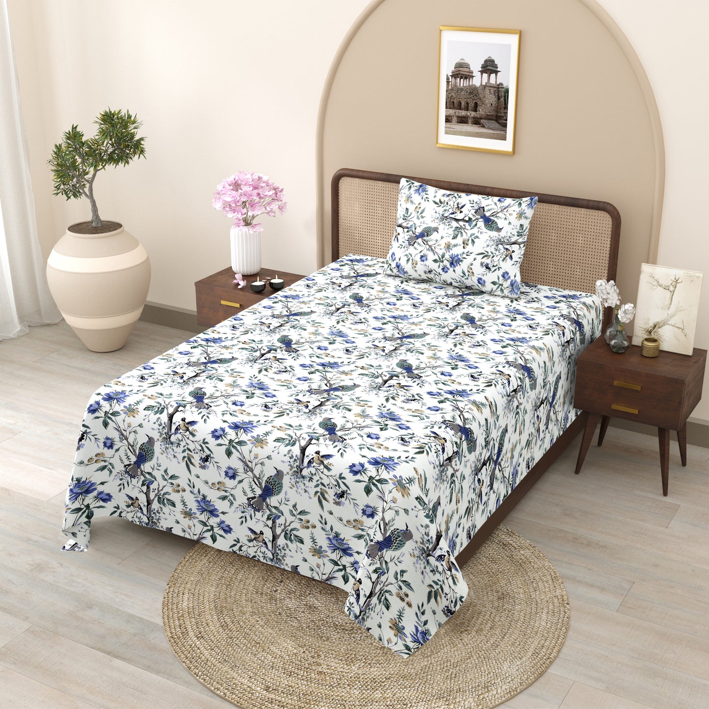 Blue Blossom Bird & Floral Single Bedsheet