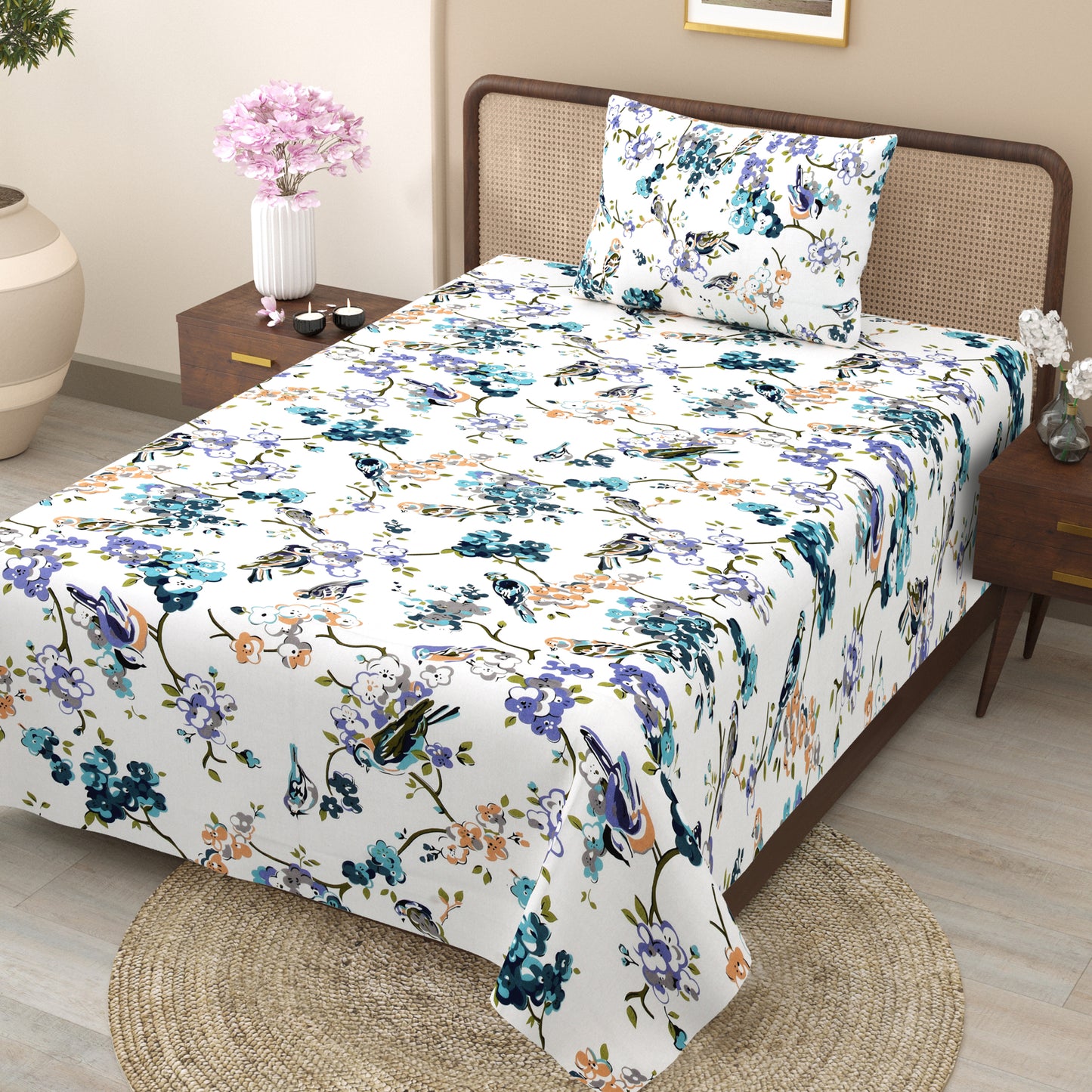 Spring Melody Cotton Single Bedsheet – White Floral Print with Birds