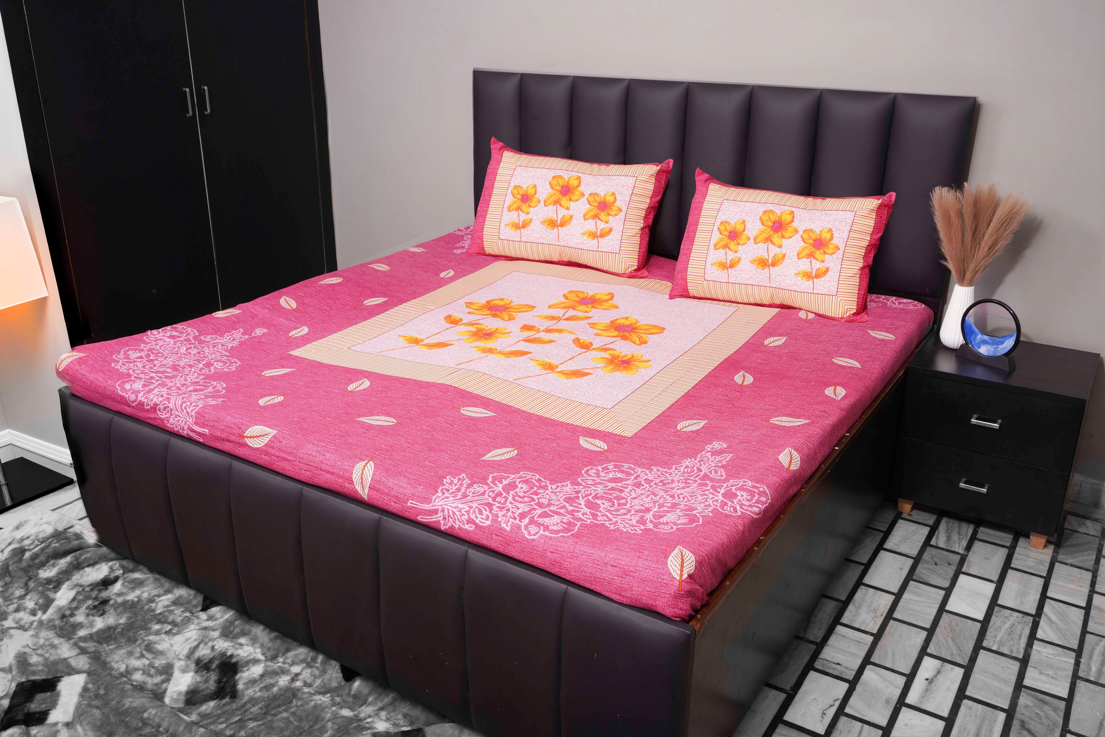 Sunlit Bloom Cotton Bedsheet Set – Pink & Yellow