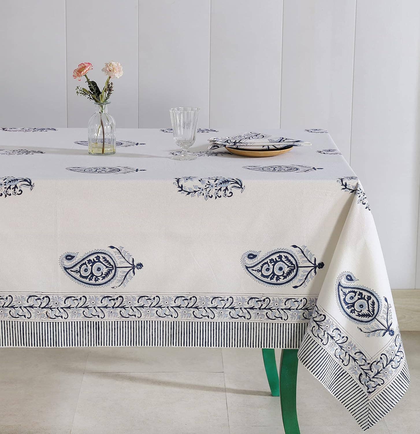 Blue Paisley Cotton Hand Block Printed Dining Table Cloth