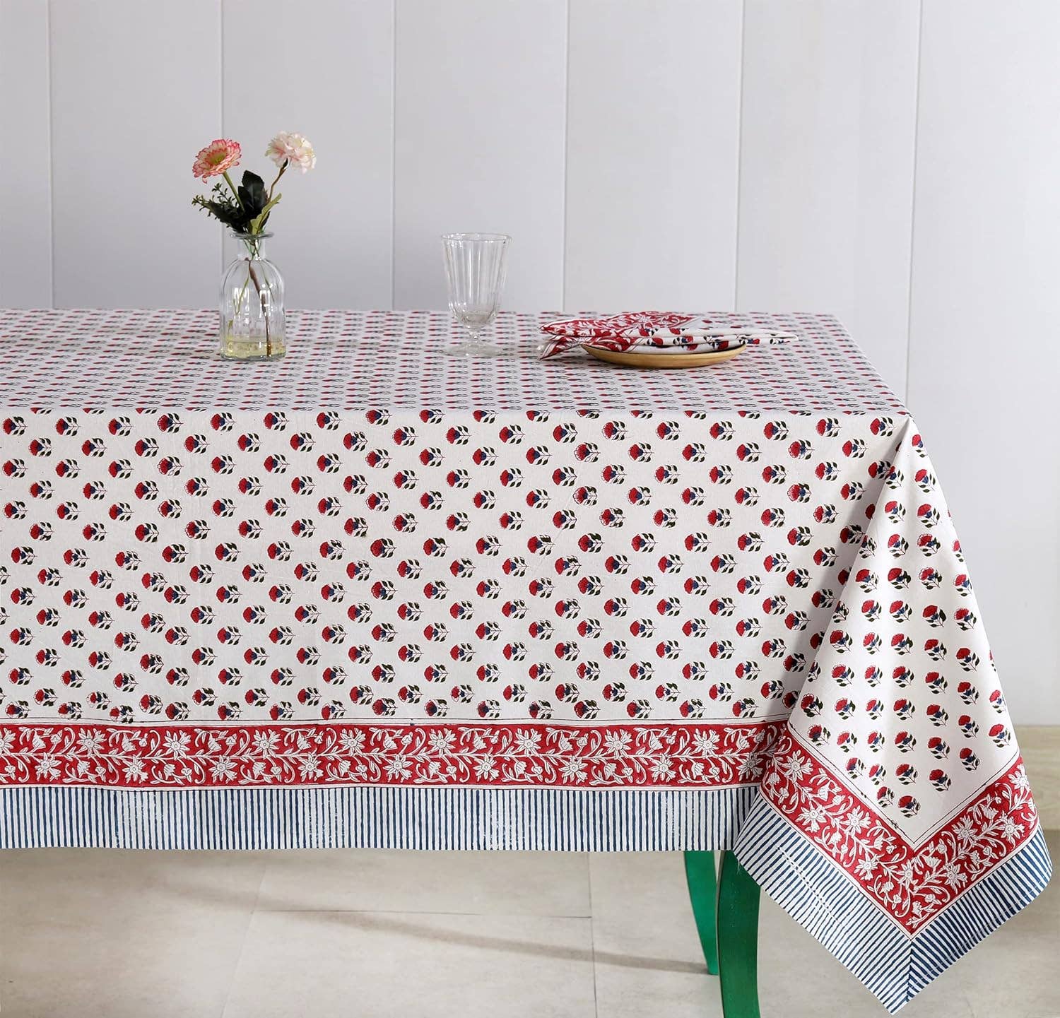 White Red Cotton Hand Block Printed Dining Table Cloth