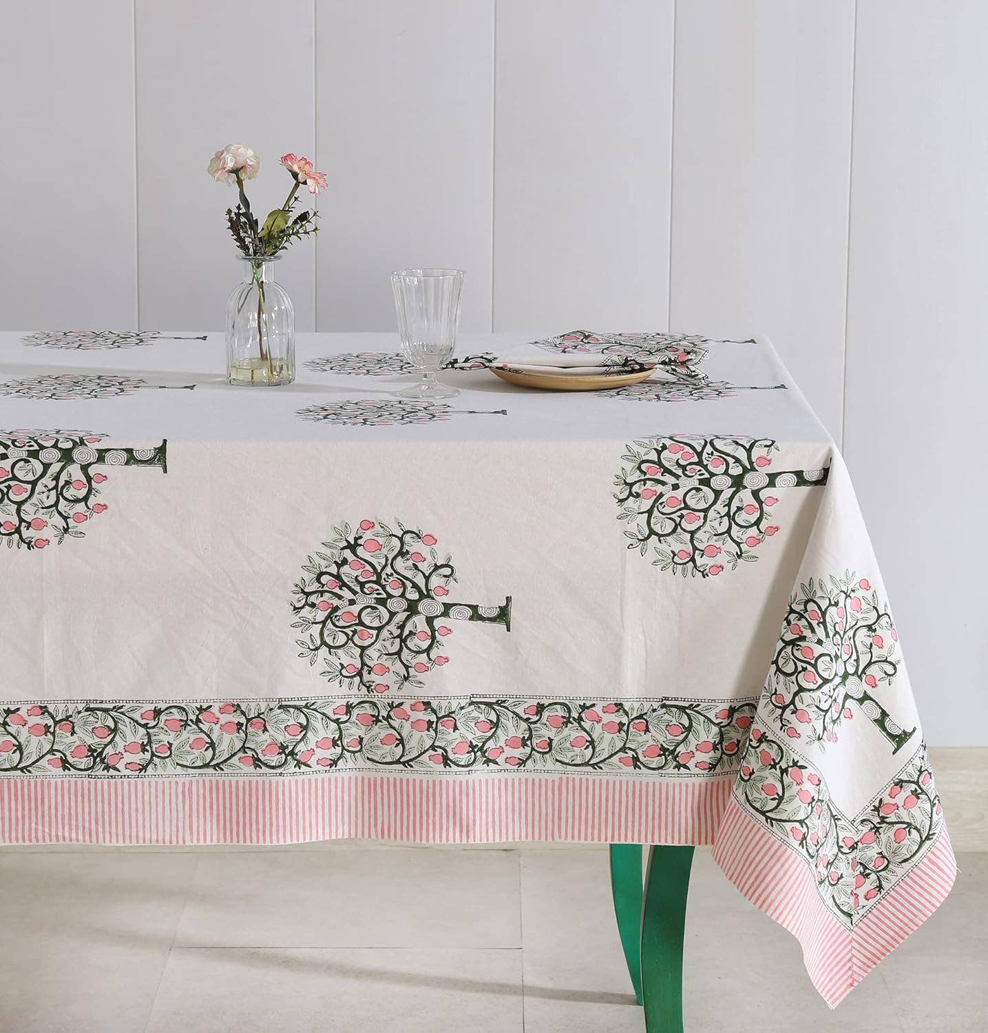 Green Tree Cotton Hand Block Printed Dining Table Cloth