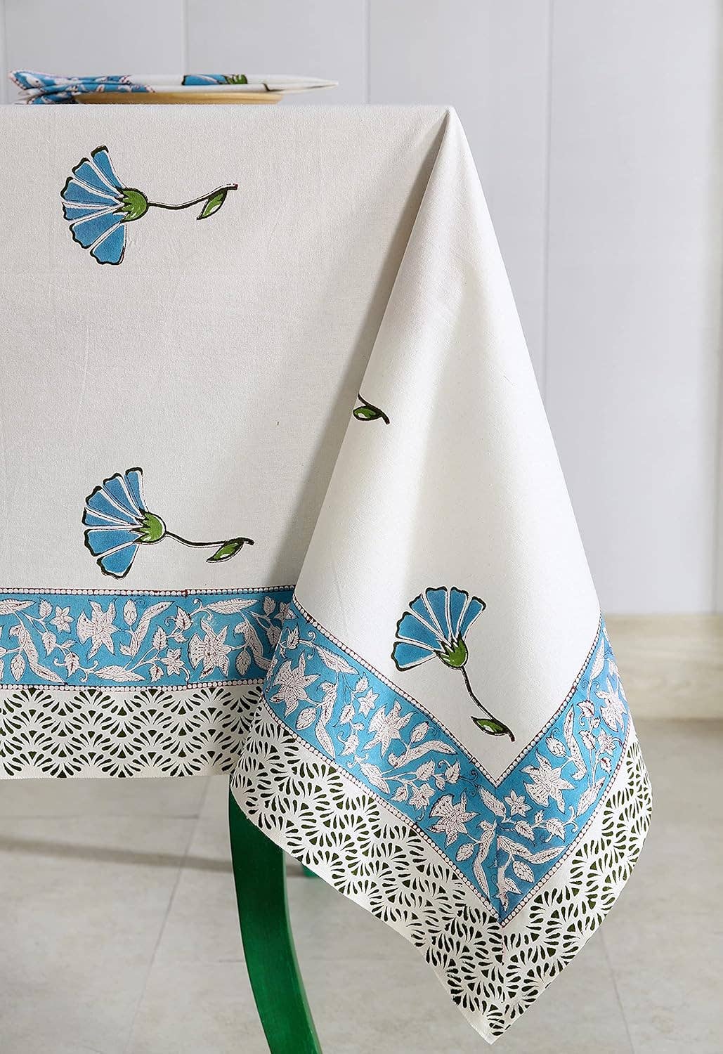 Turquoise Tesu Cotton Hand Block Printed Dining Table Cloth