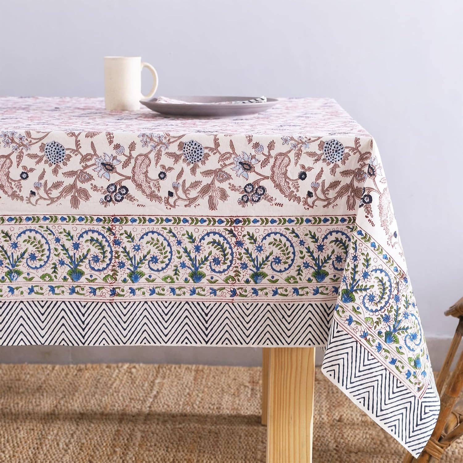 White Beige Cotton Hand Block Printed Dining Table Cloth