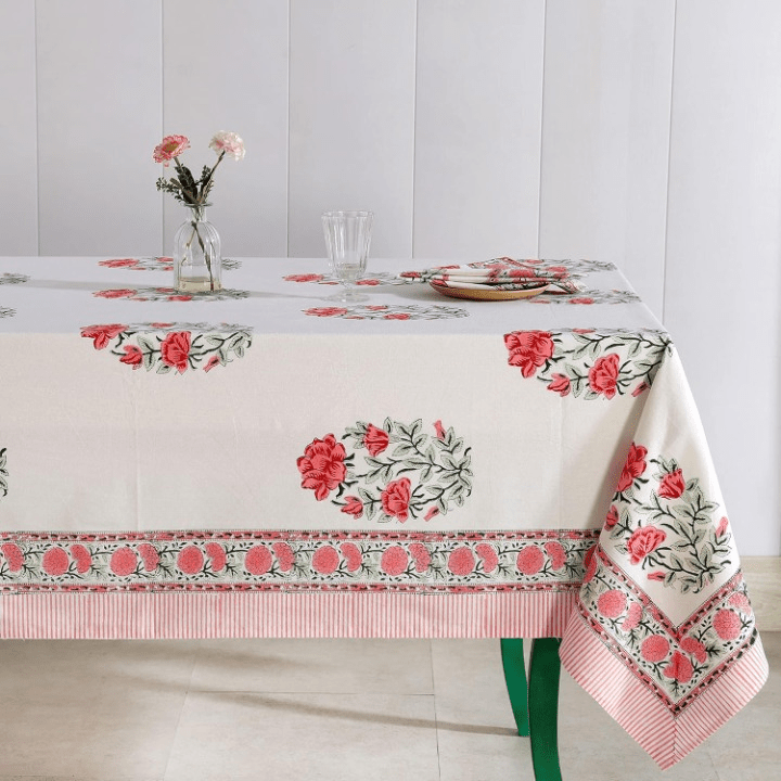 Pink Cotton Hand Block Printed Dining Table Cloth