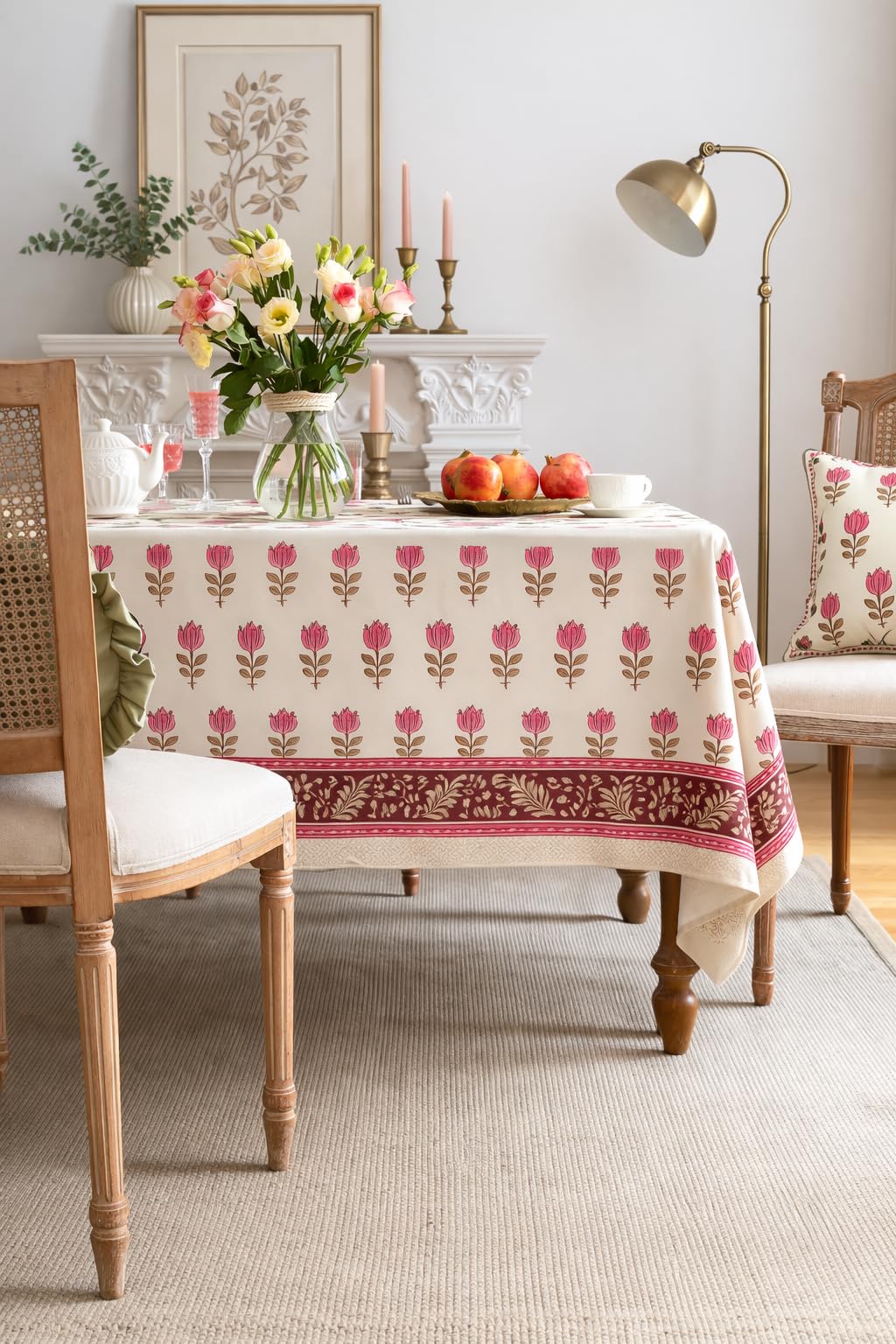 Hand Block Printed Cotton Tablecloth (Floral, 6 Seater)