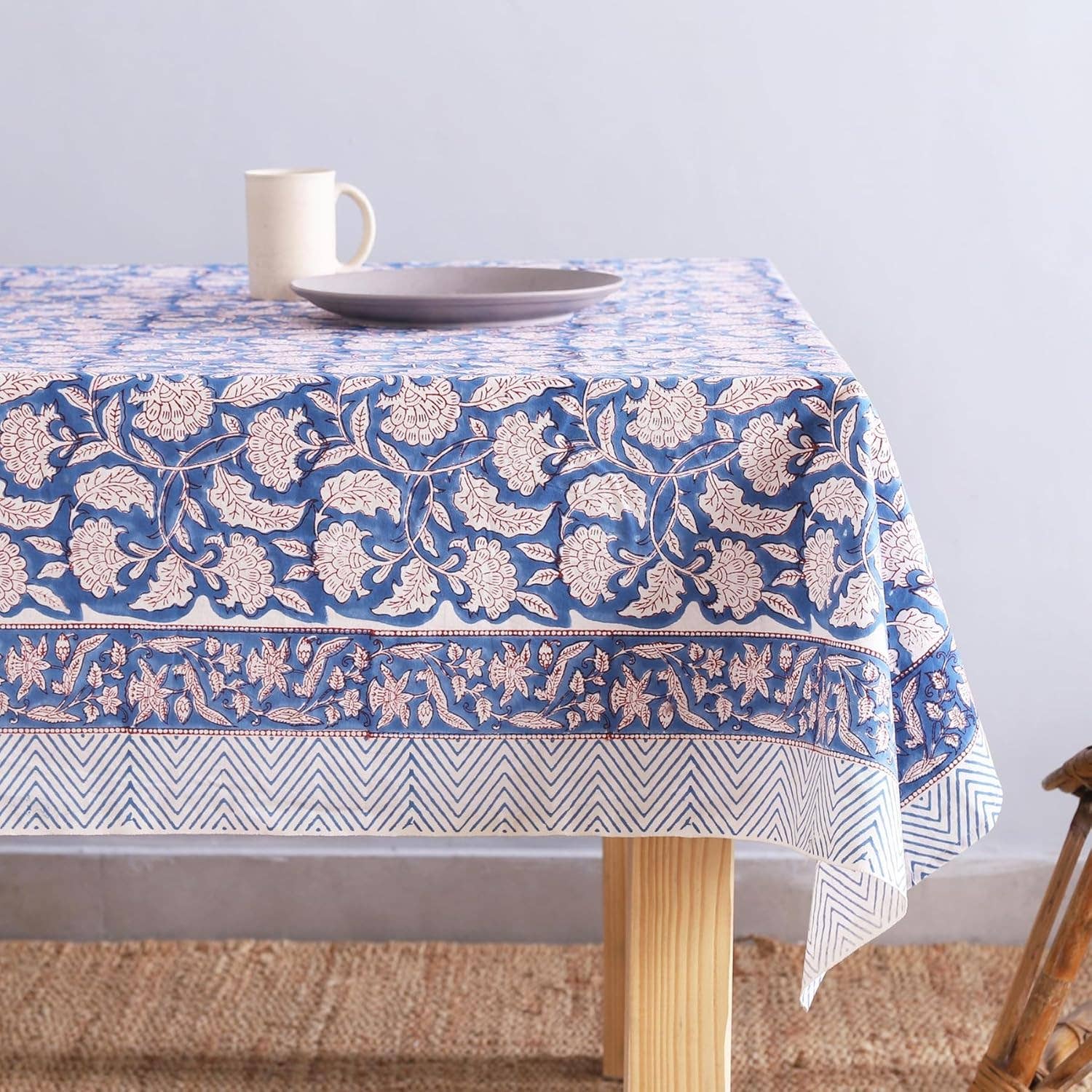 Blue White Cotton Hand Block Printed Dining Table Cloth