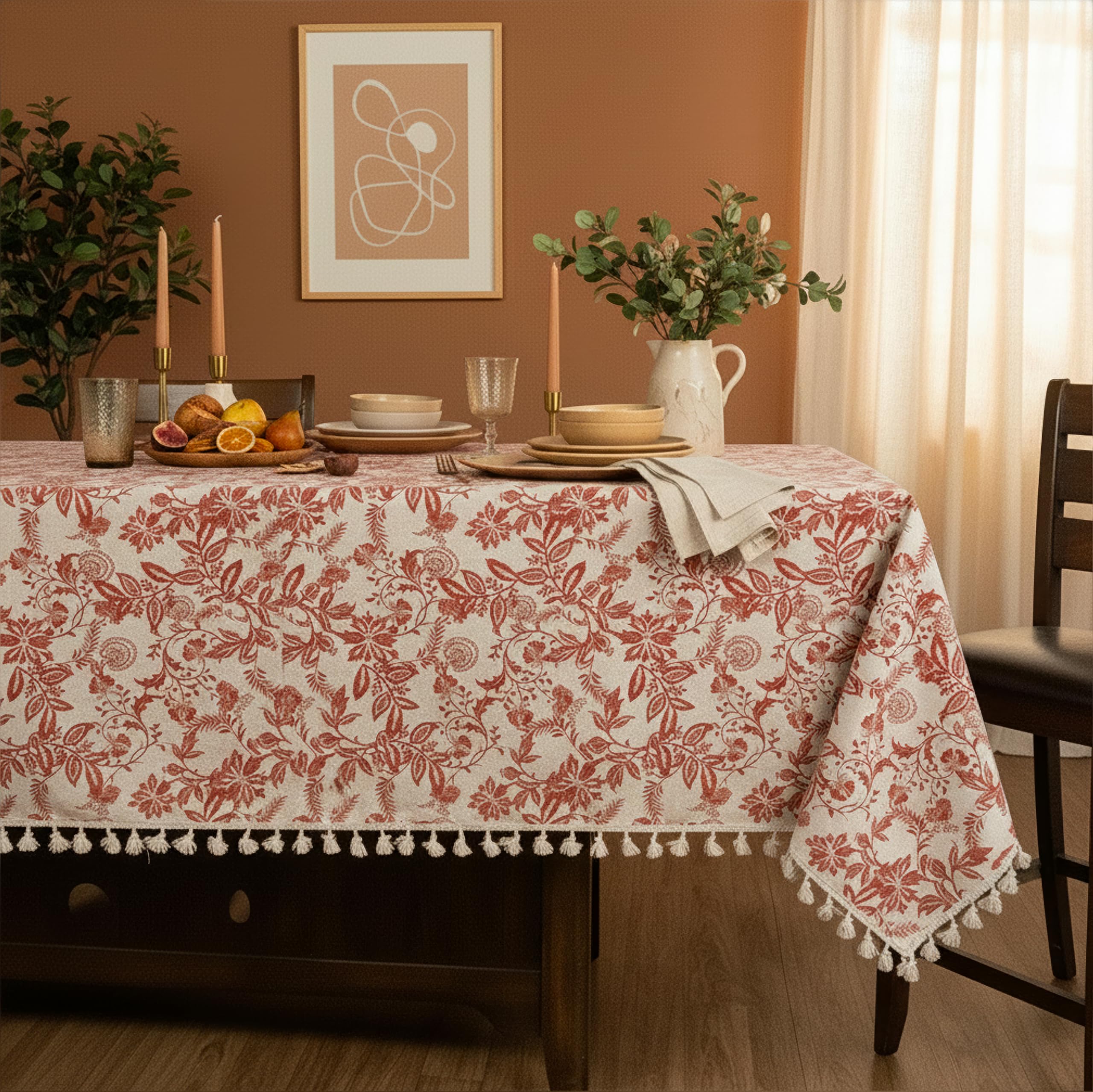 Printed Cotton Tablecloth with Tassels (Vintage Floral)
