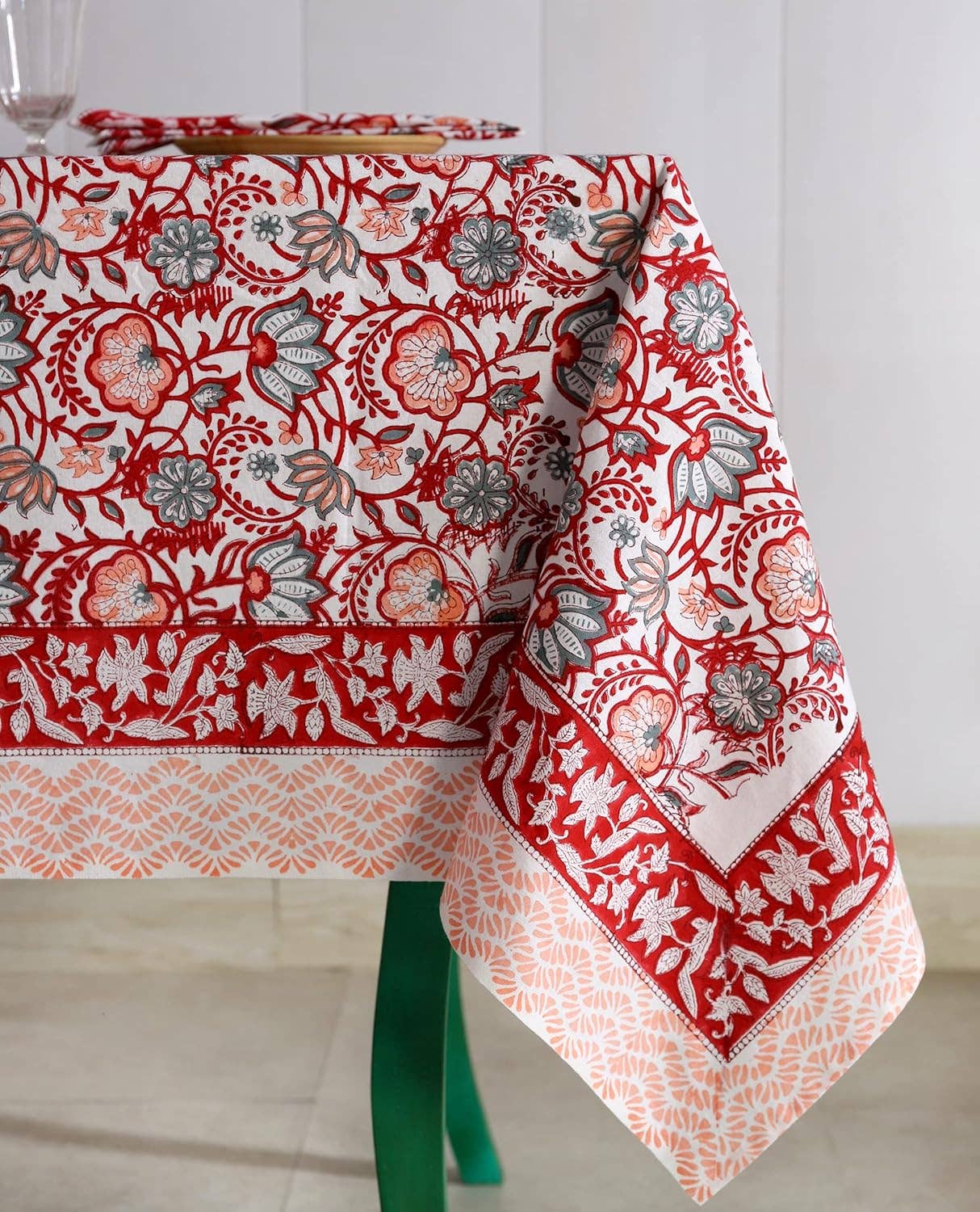 Red Lotus Cotton Hand Block Printed Dining Table Cloth