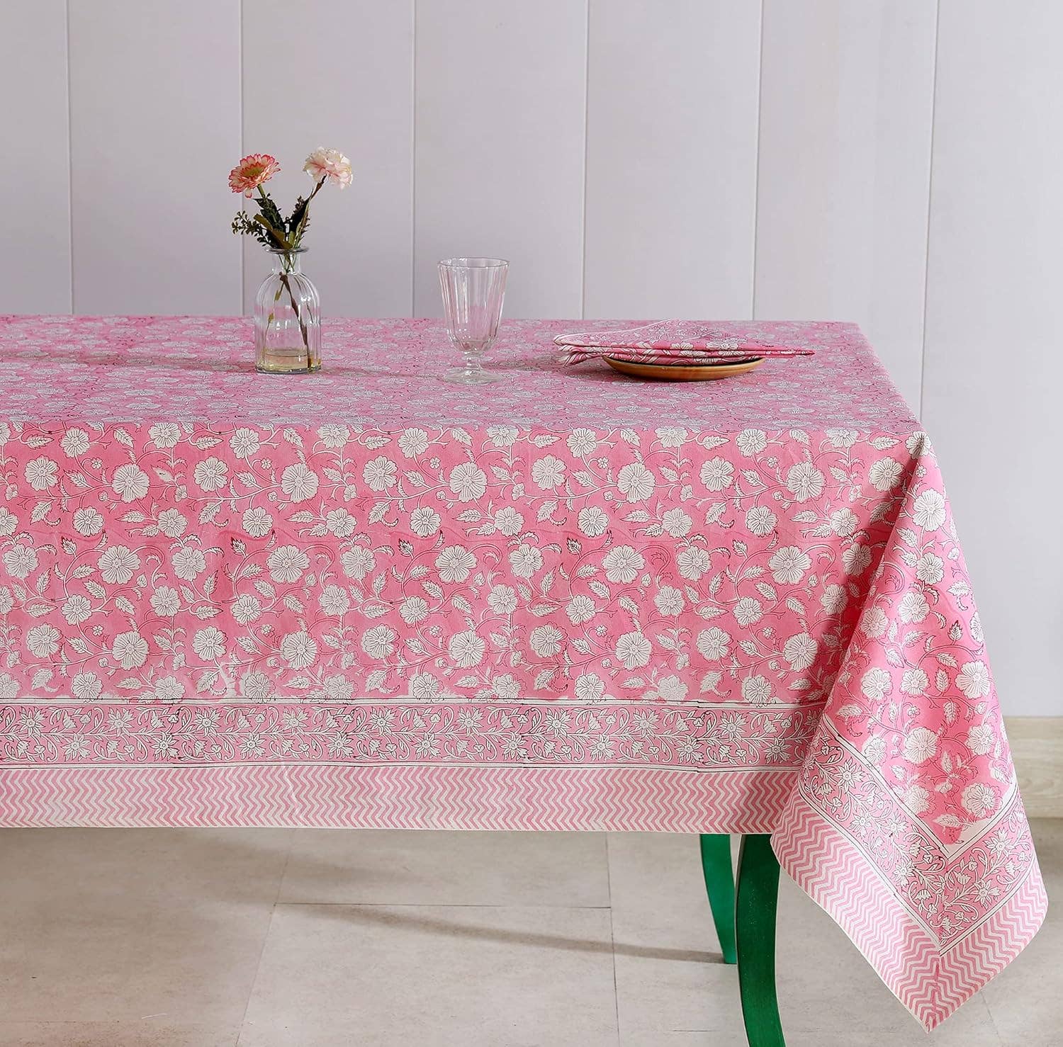 Pink Floral Cotton Hand Block Printed Dining Table Cloth