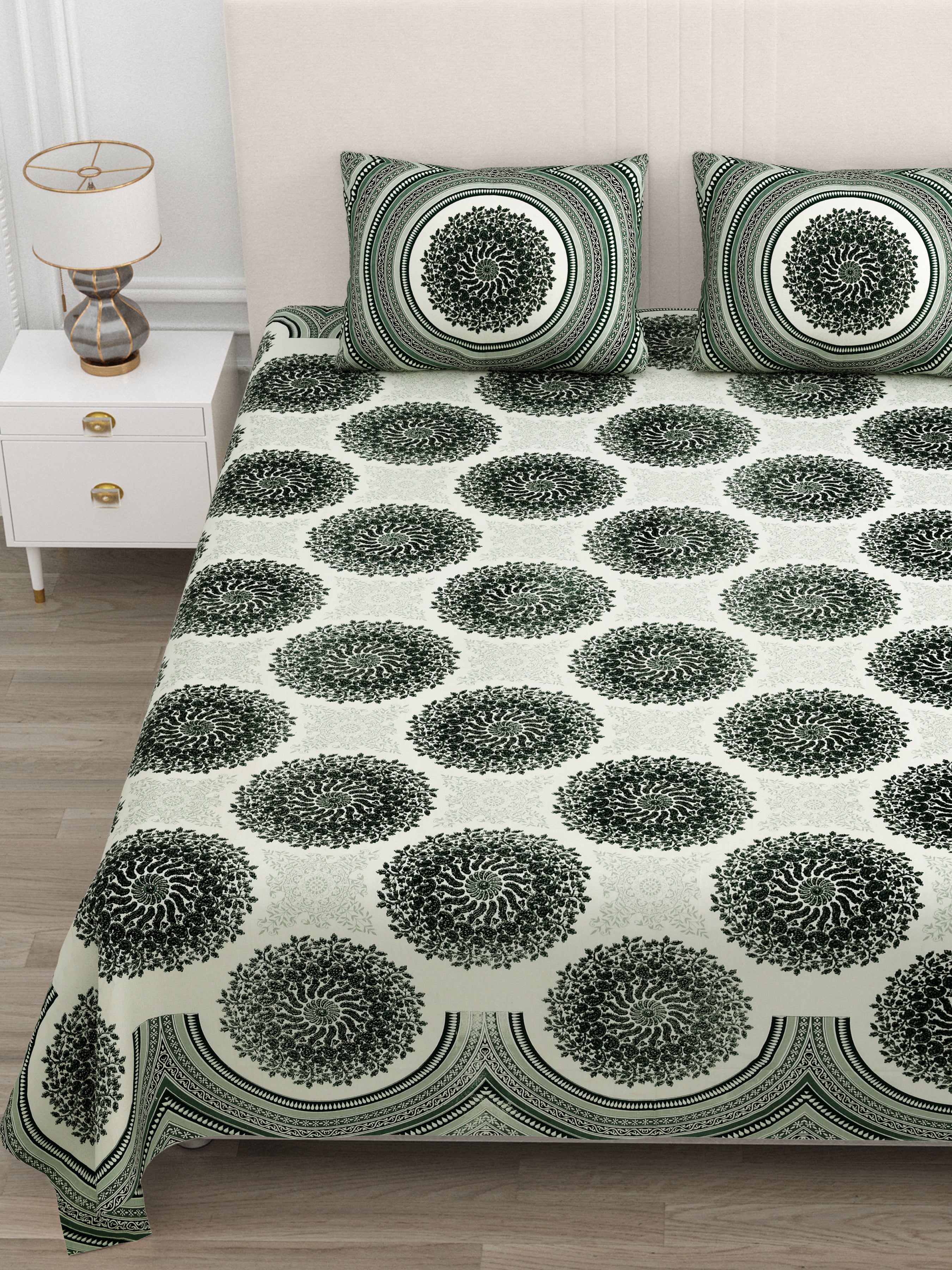 Green Jaipuri Mandala Print King Size Bedsheet
