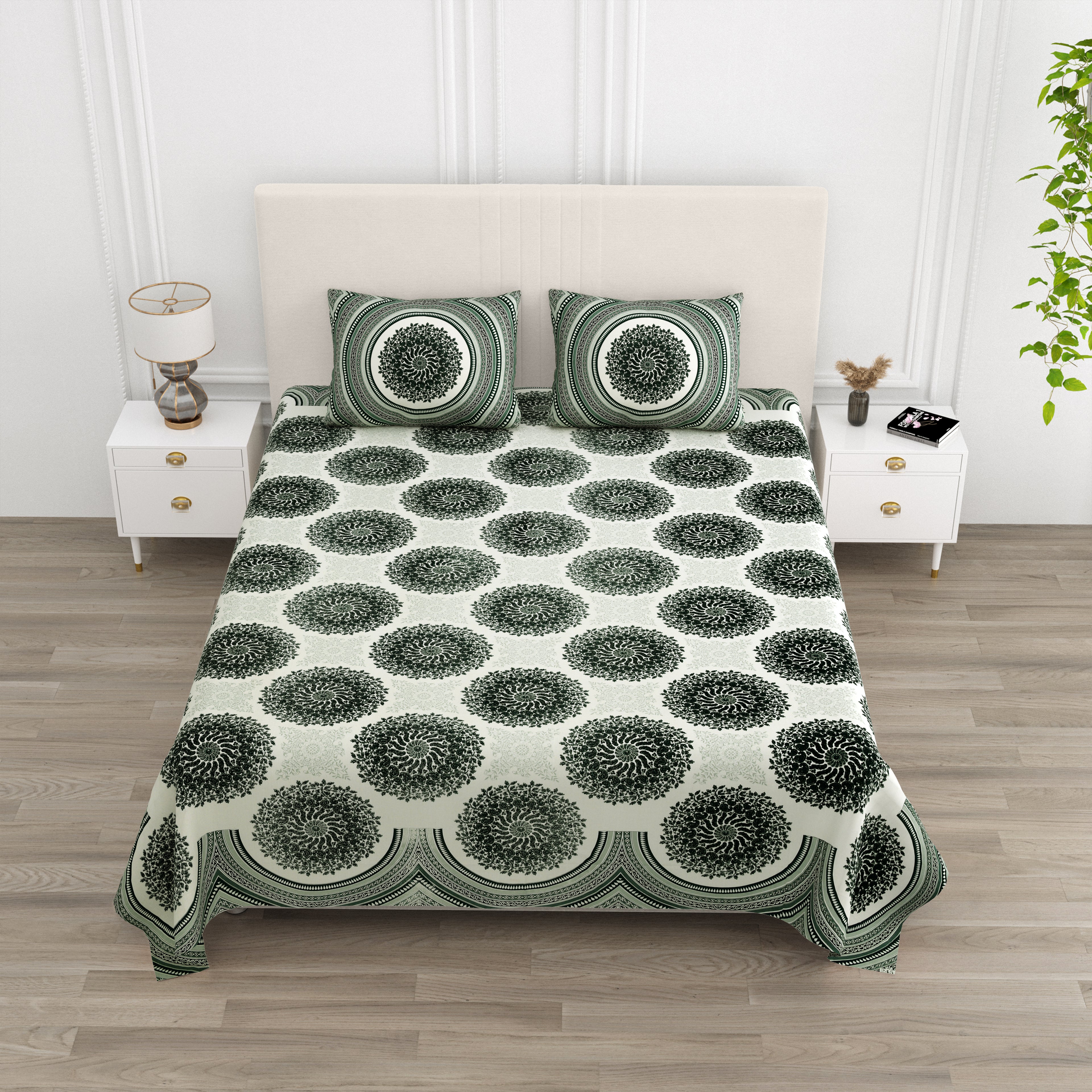 Green Jaipuri Mandala Print King Size Bedsheet