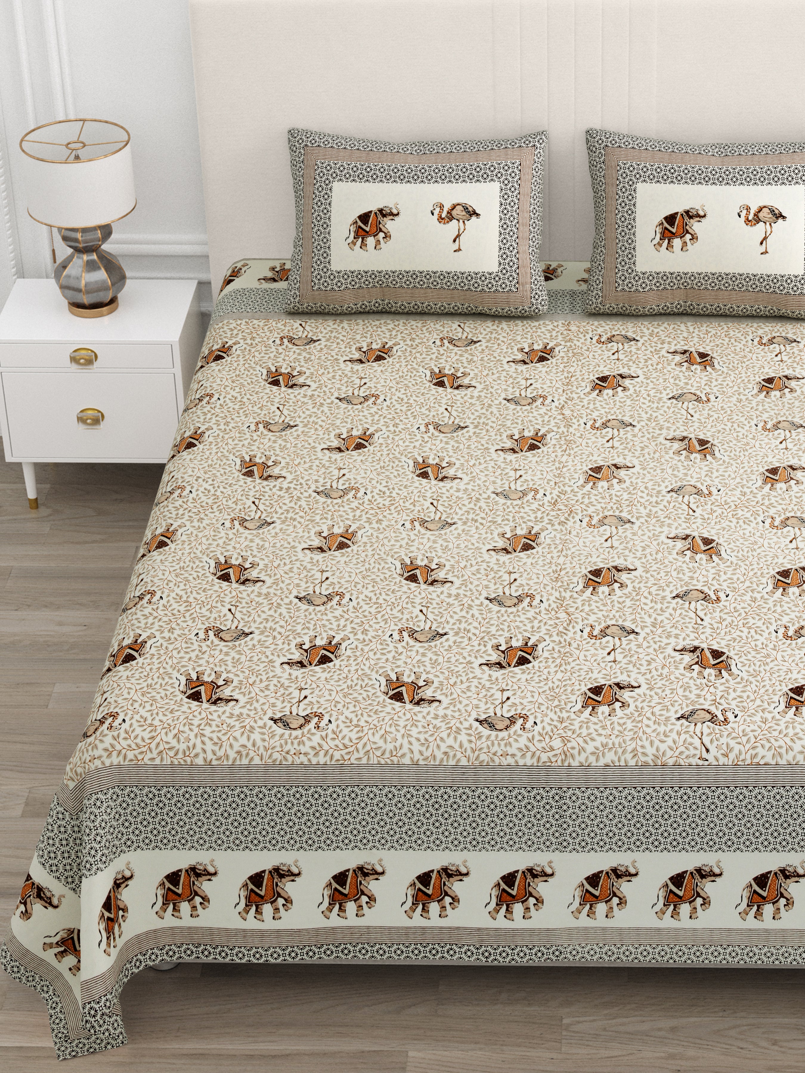 Brown Elephant & Swan Print King Size Bedsheet