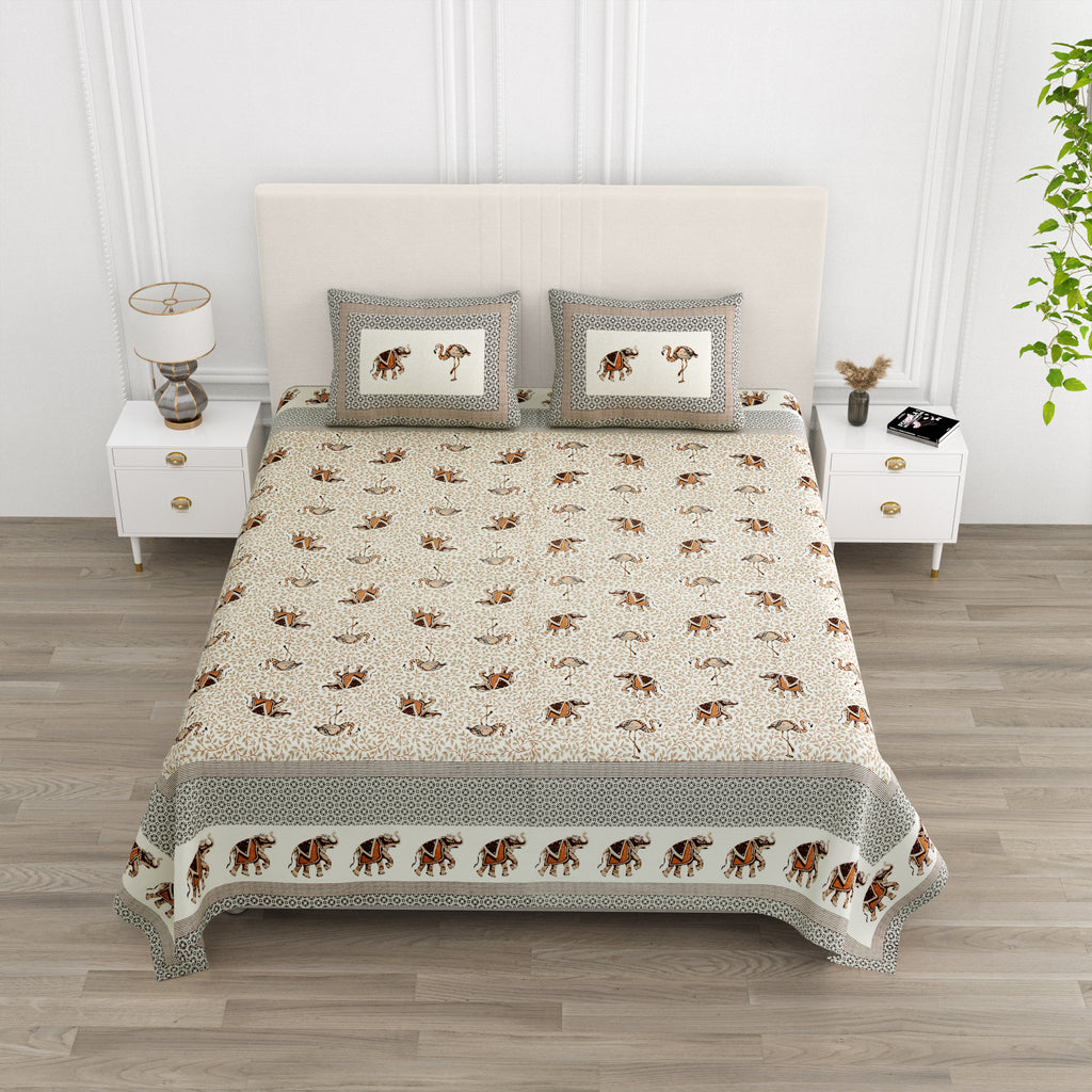 Brown Elephant & Swan Print King Size Bedsheet