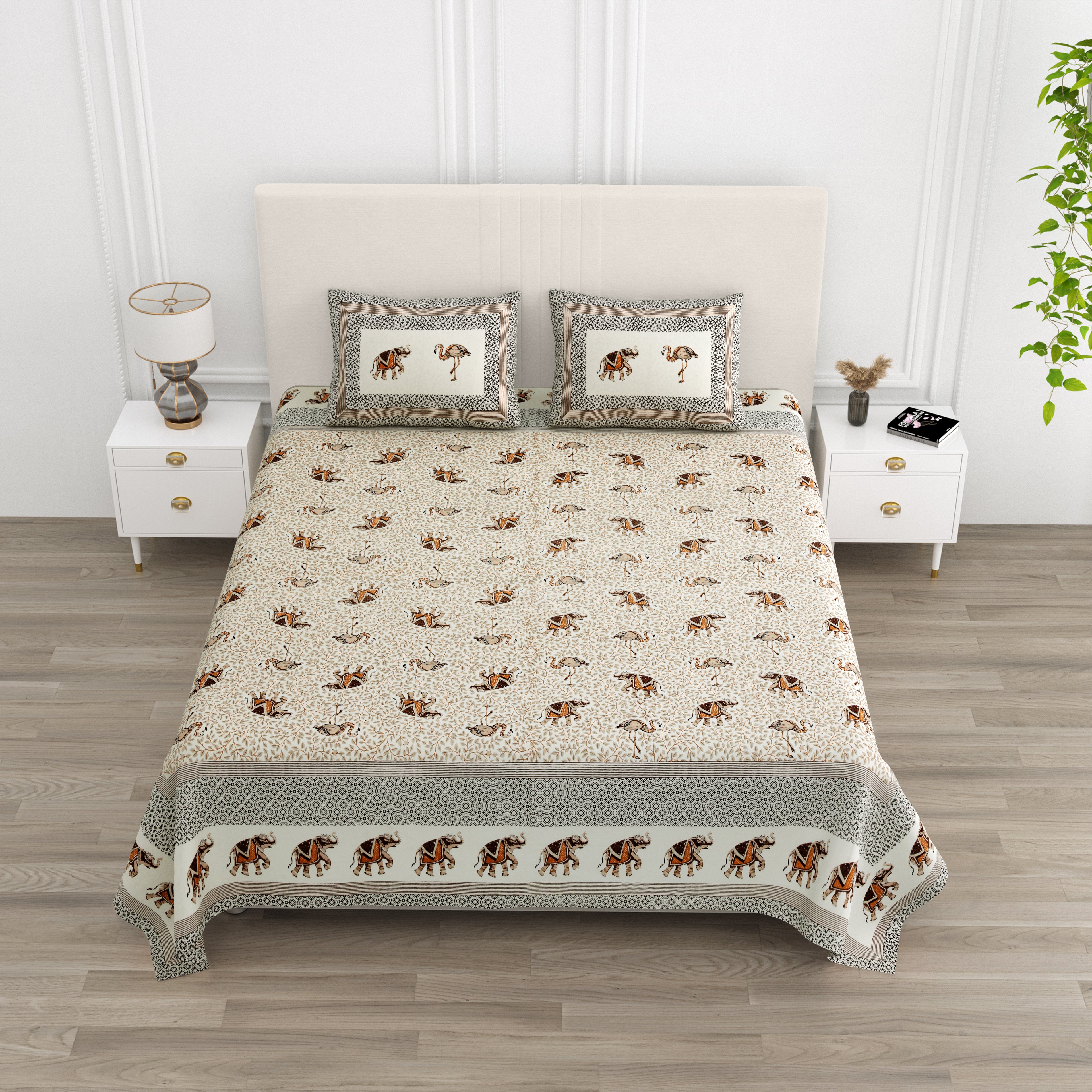 Brown Elephant & Swan Print King Size Bedsheet
