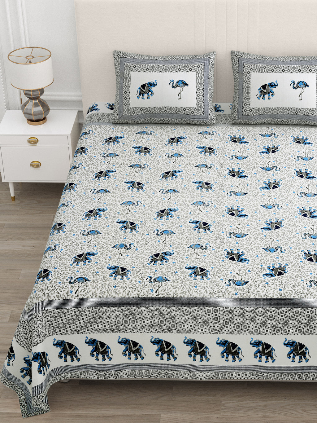 Blue Elephant & Swan Print King Size Bedsheet
