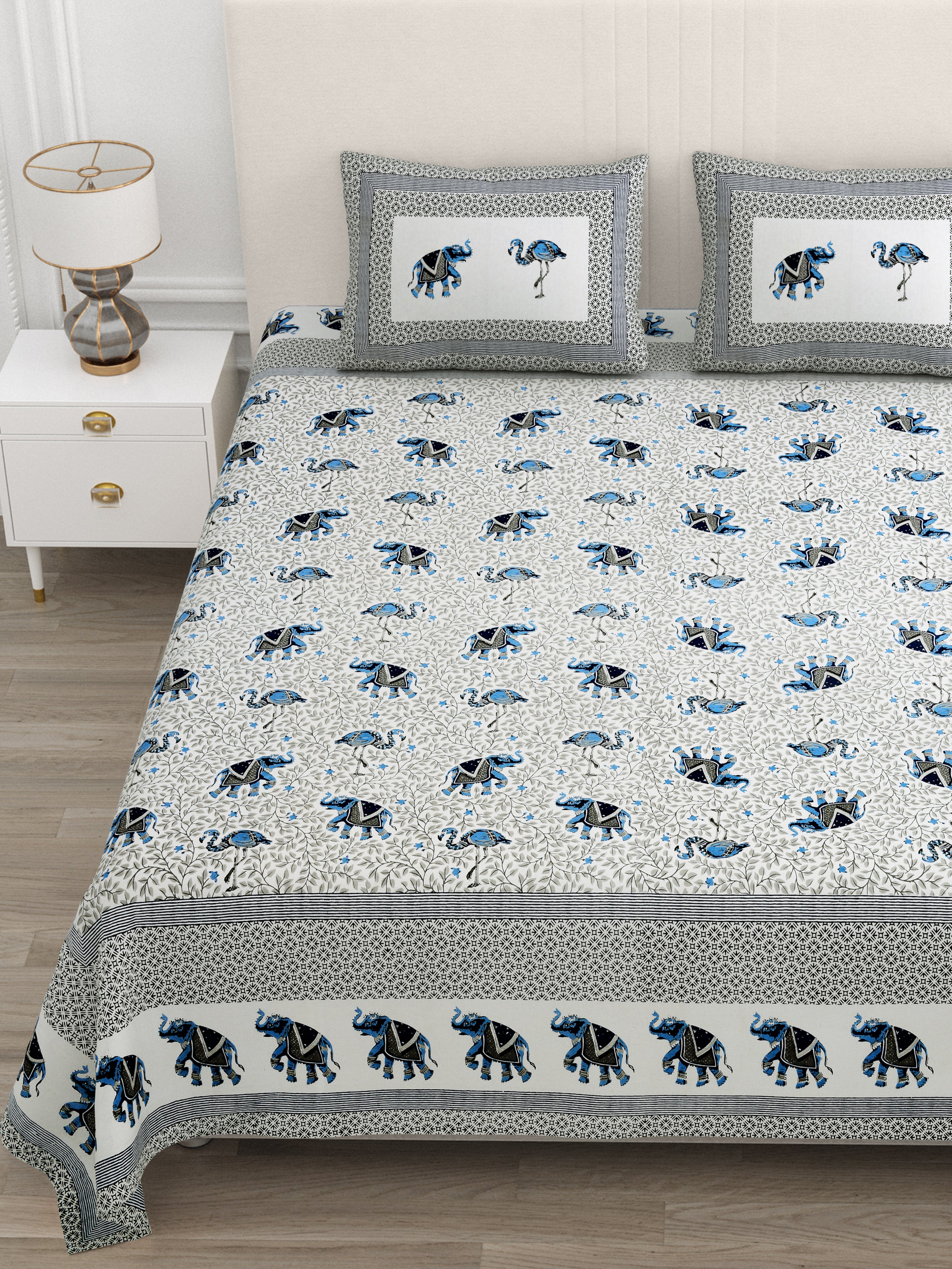 Blue Elephant & Swan Print King Size Bedsheet