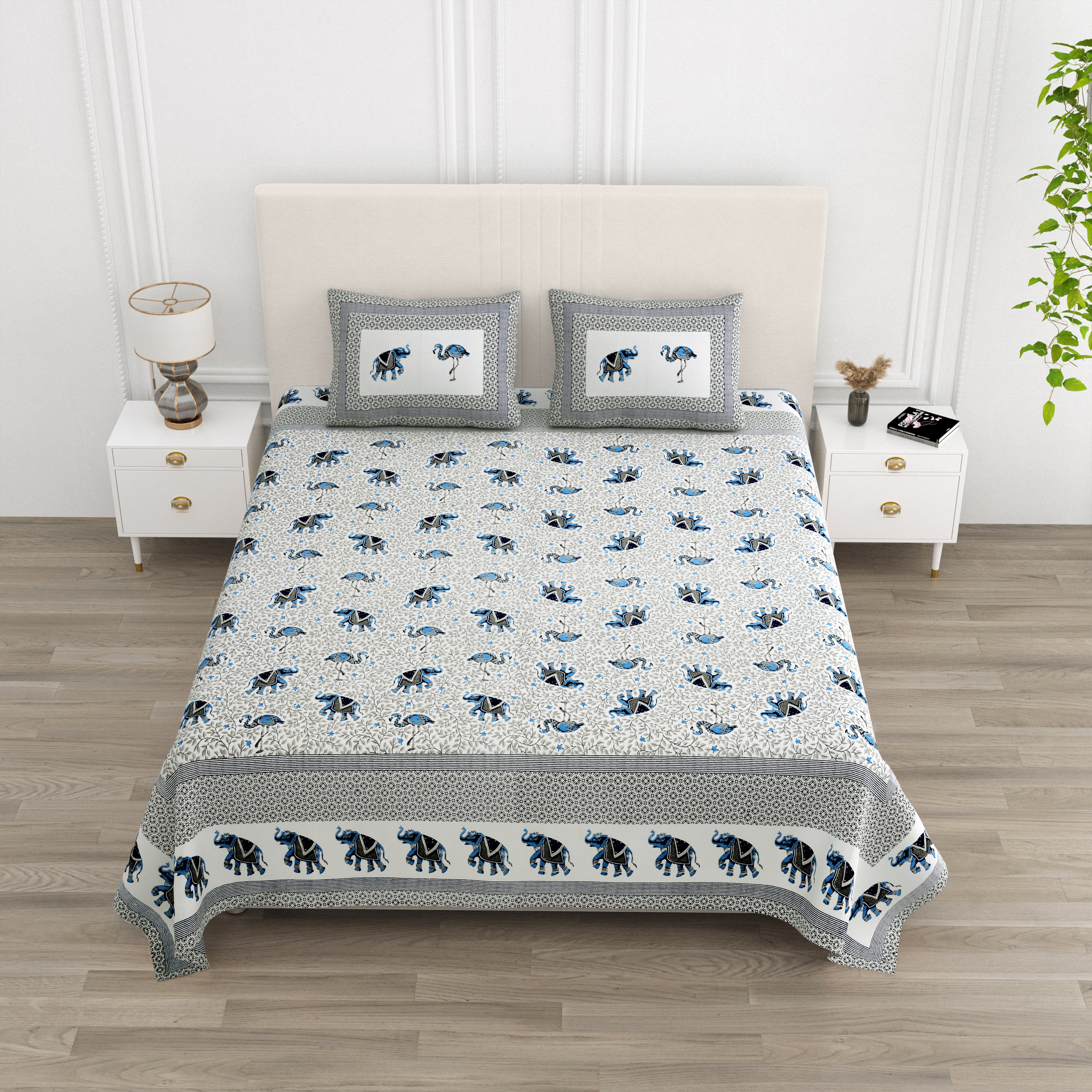 Blue Elephant & Swan Print King Size Bedsheet