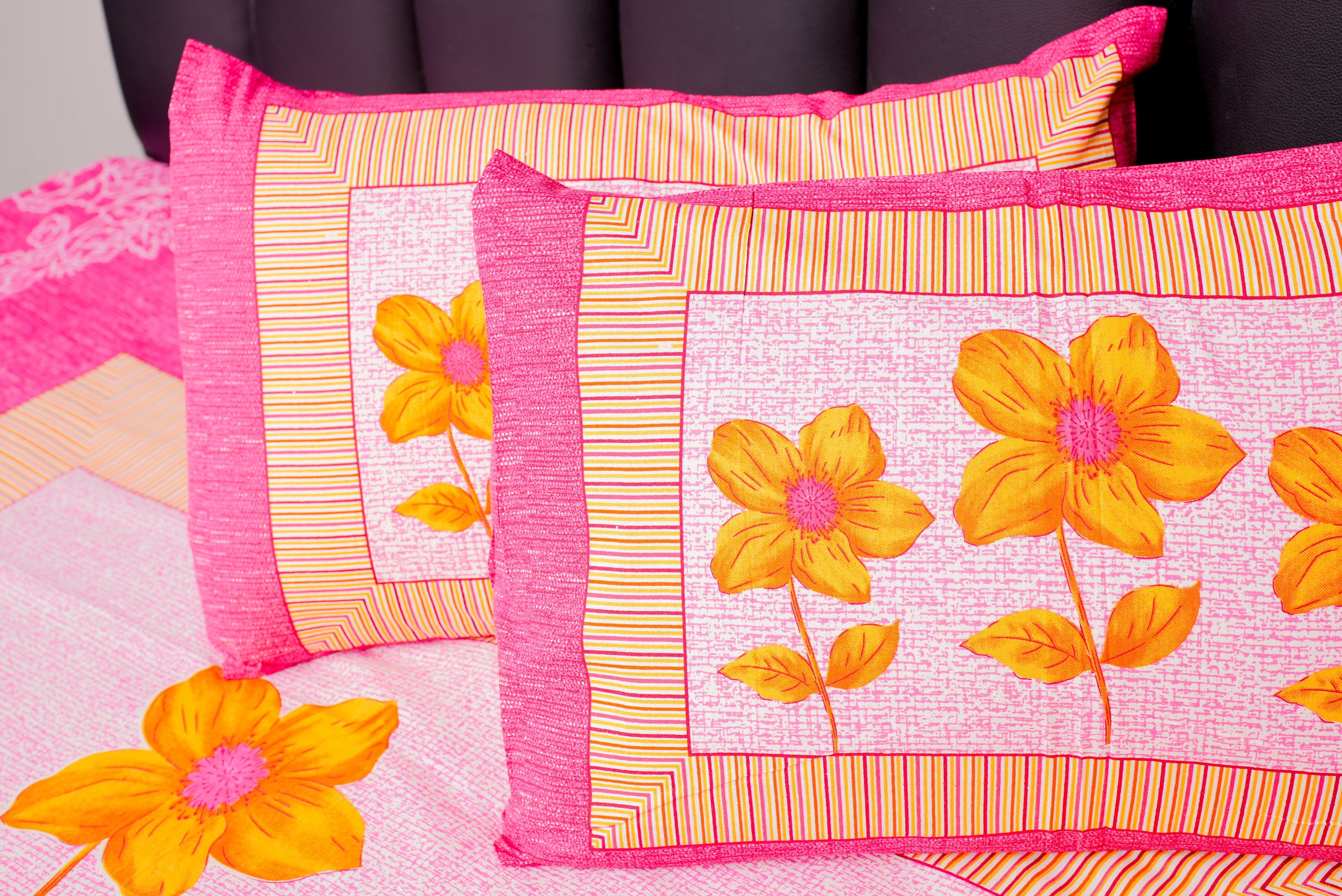 Sunlit Bloom Cotton Bedsheet Set – Pink & Yellow