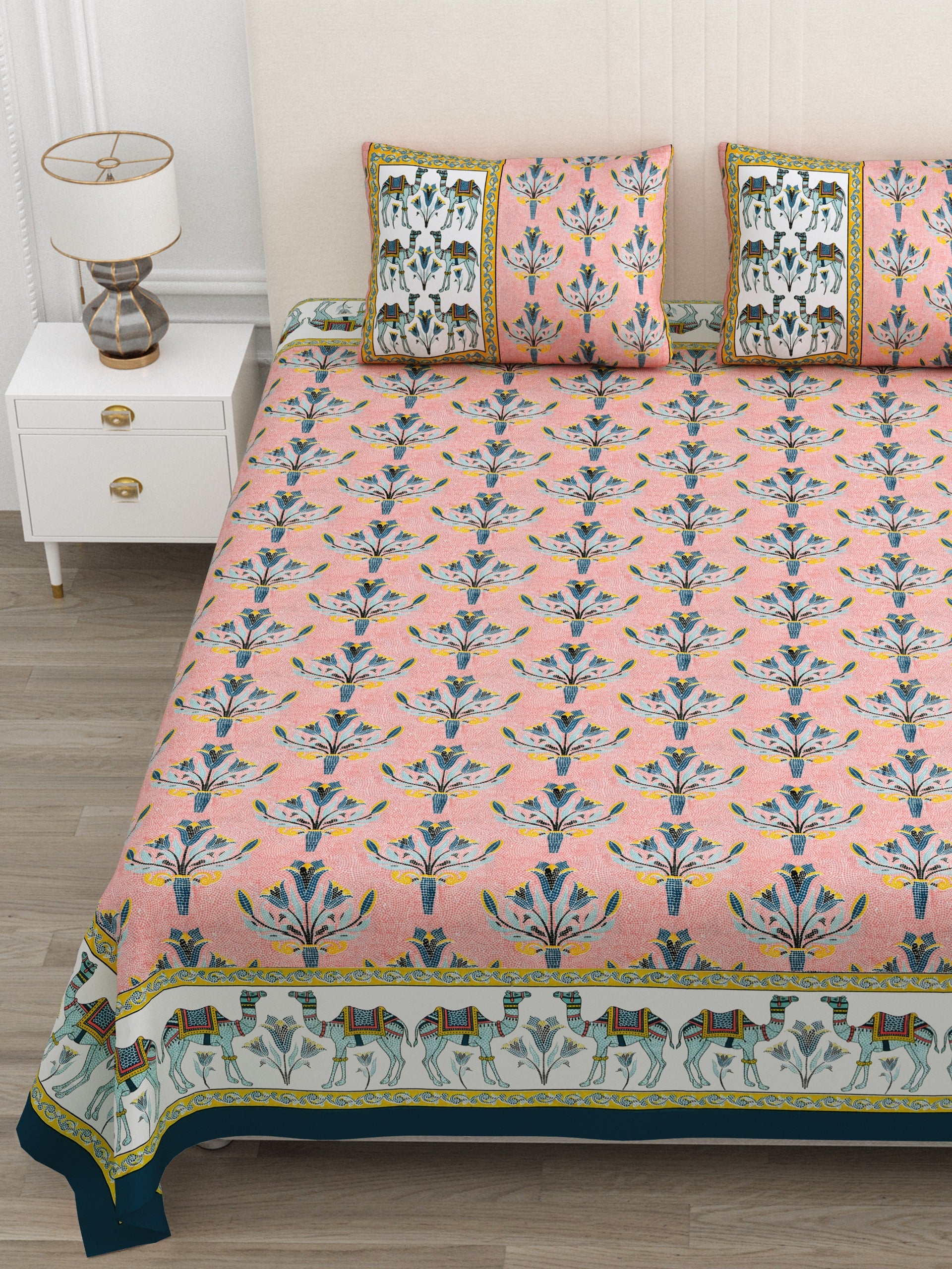 Camel & Floral Print King Size Bedsheet