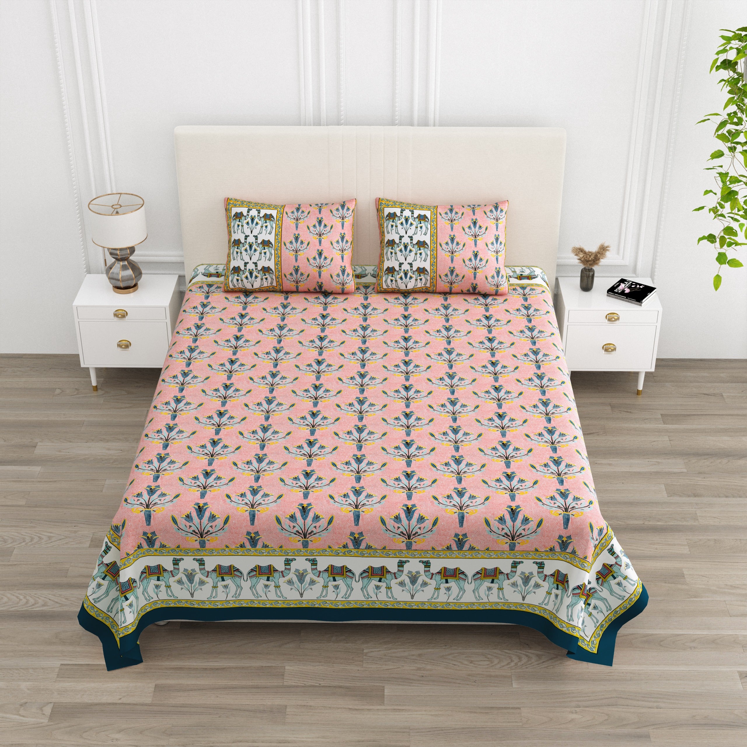 Camel & Floral Print King Size Bedsheet