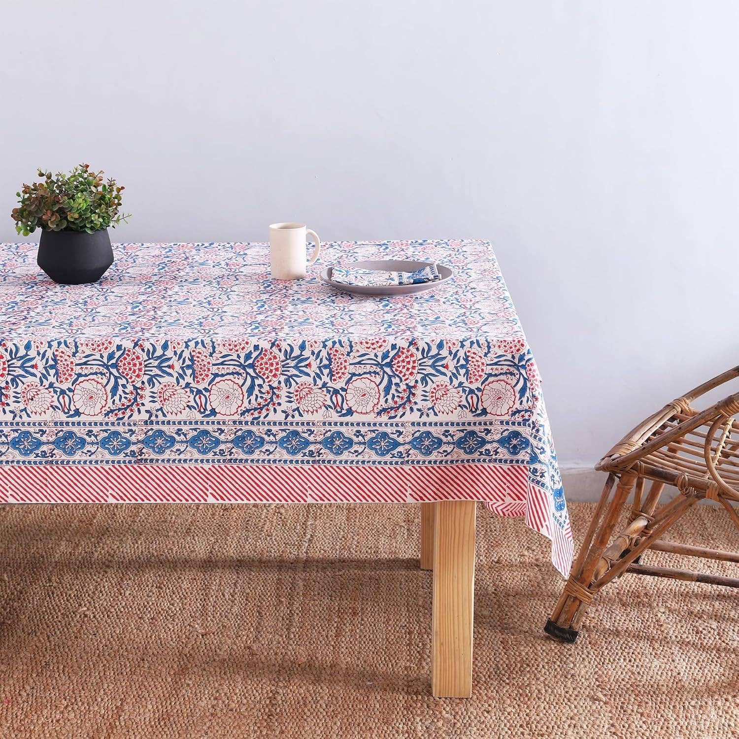 Red Blue White Cotton Hand Block Printed Dining Table Cloth